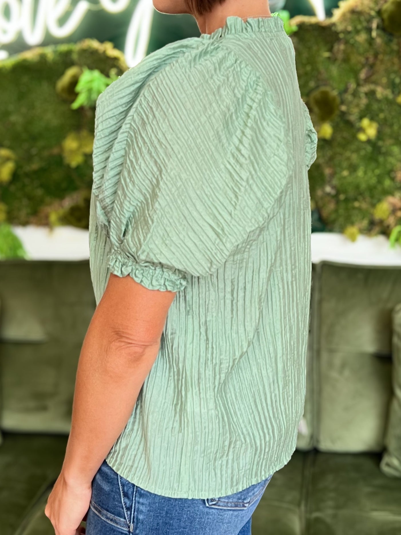 Sage Crinkled Split Neck Puff Sleeve Top