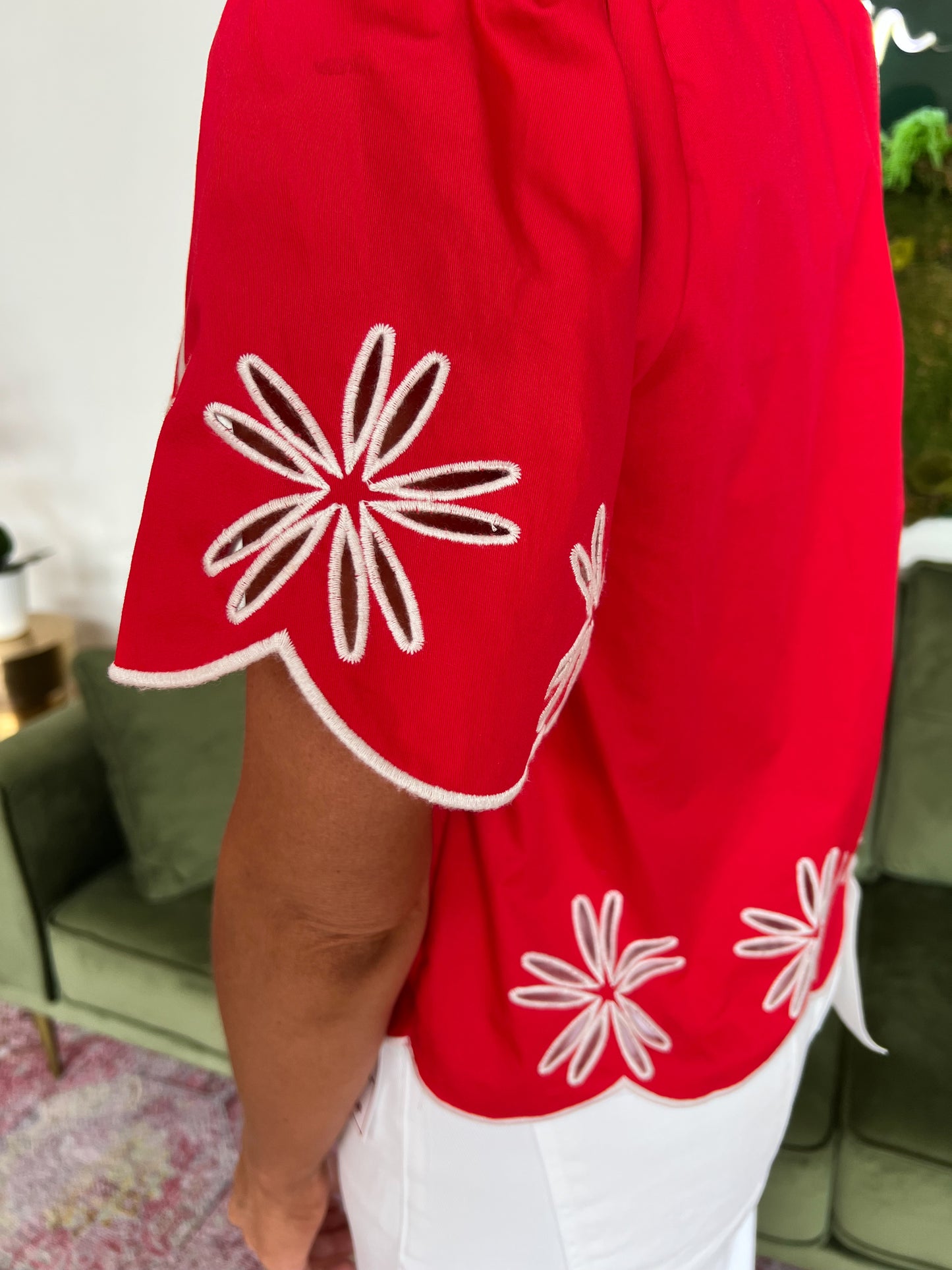 Red Embroidered Scalloped Top