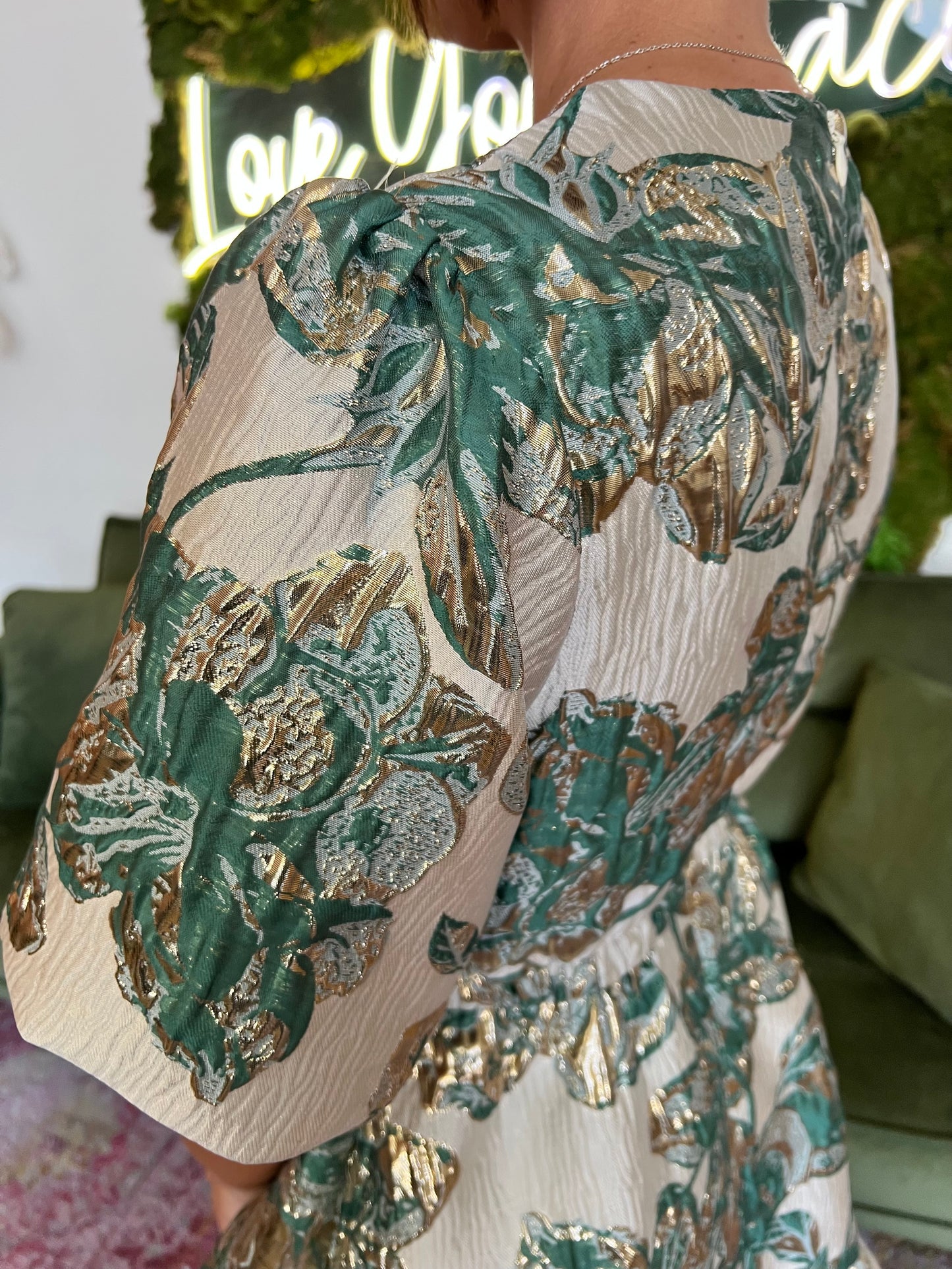 Green/Gold Jacquard Puff Sleeve Mini Dress
