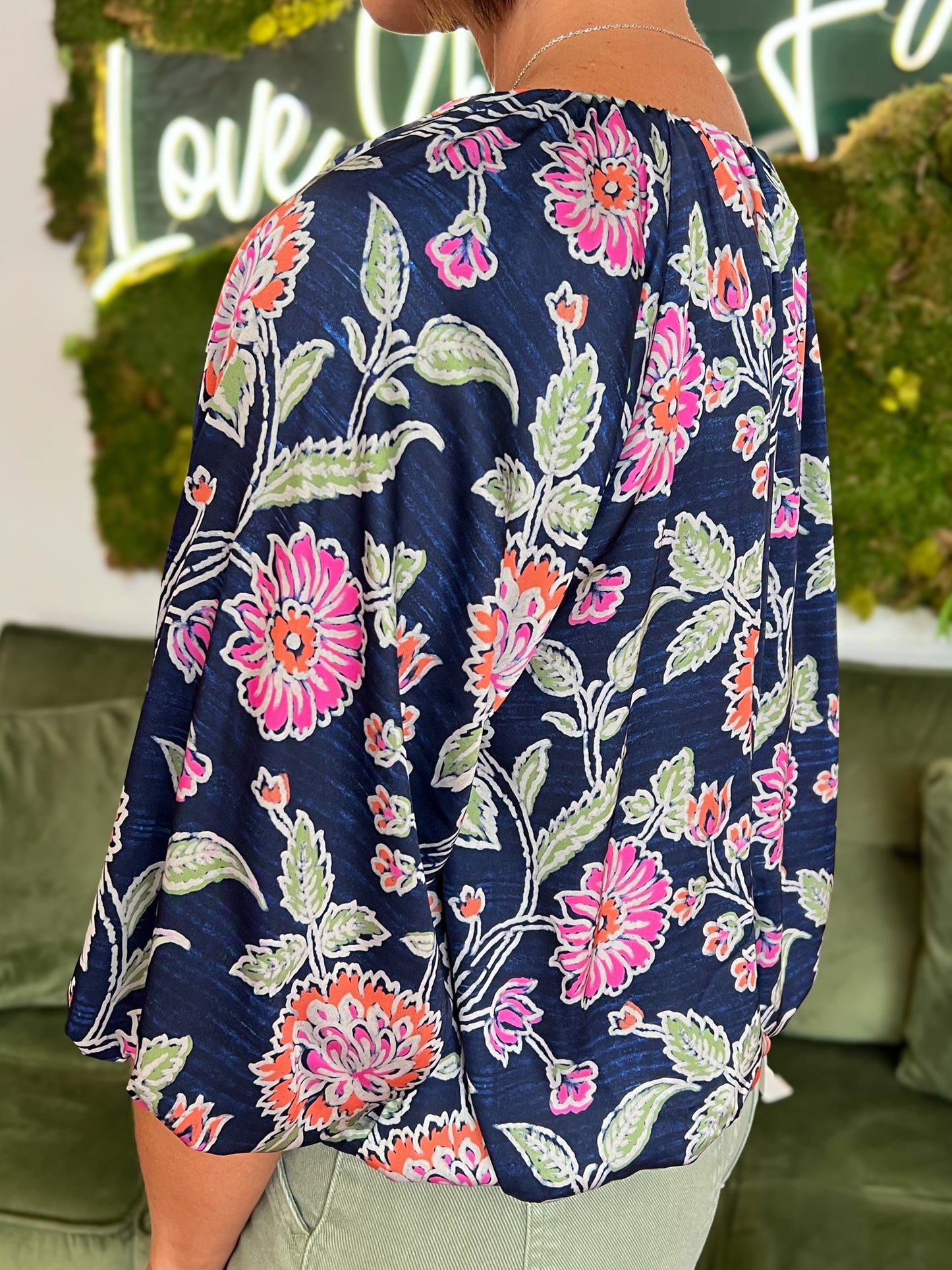 Navy Floral Boatneck Balloon Sleeve Top