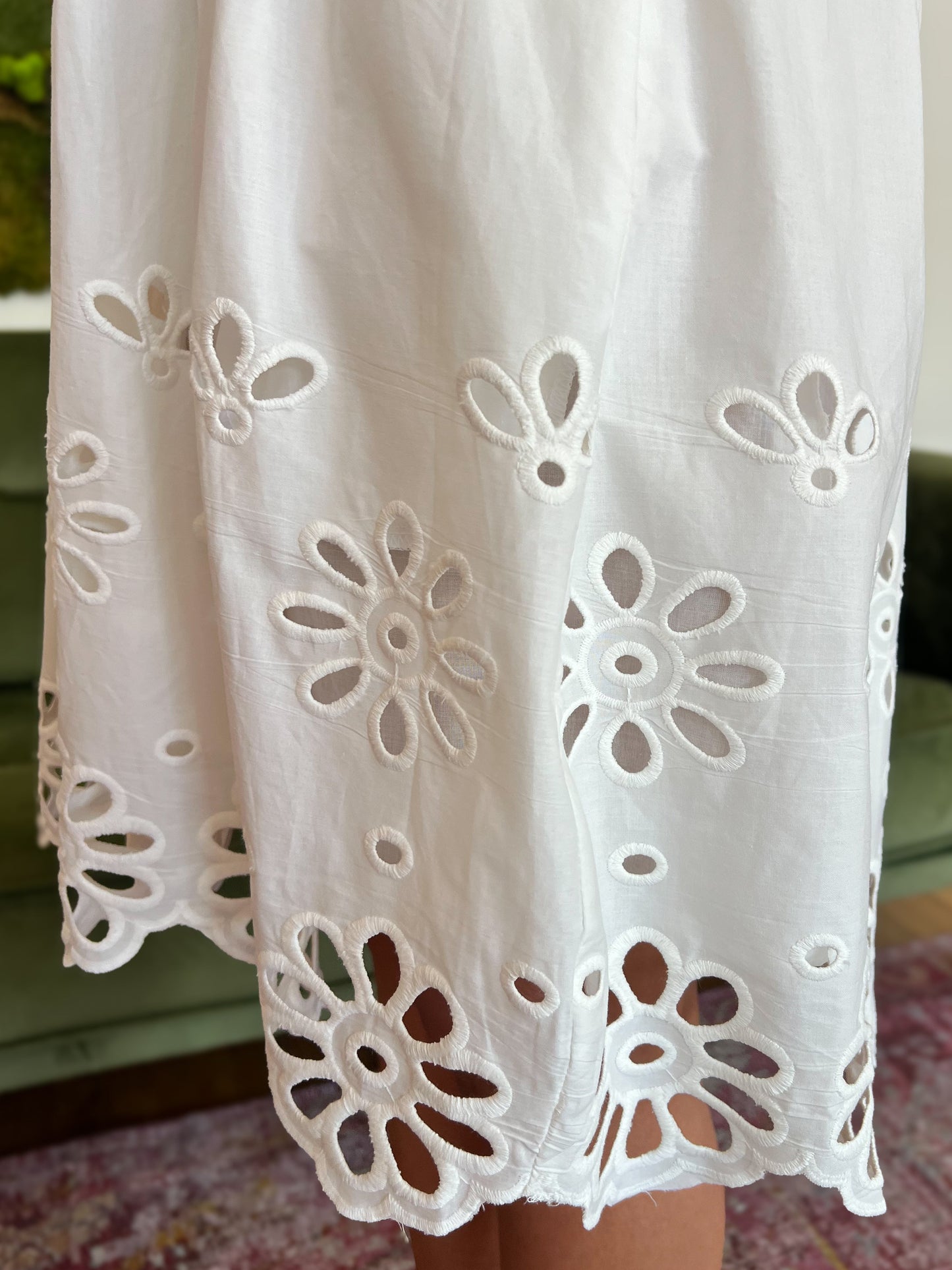 White Embroidered Pleated Waist Mini Dress