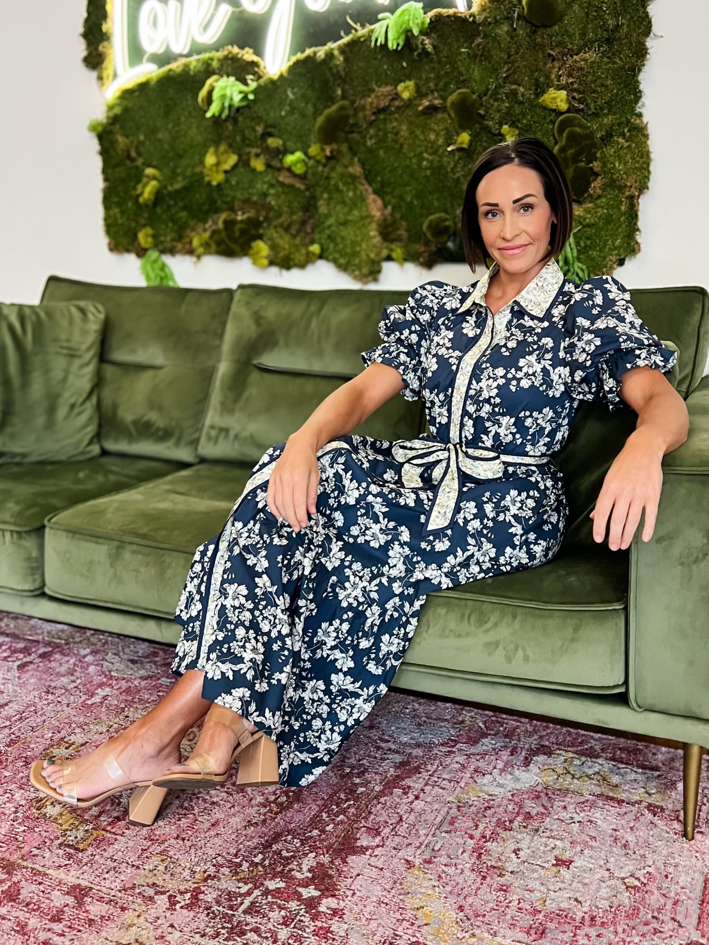 Navy Floral Collared Button Down Maxi Dress