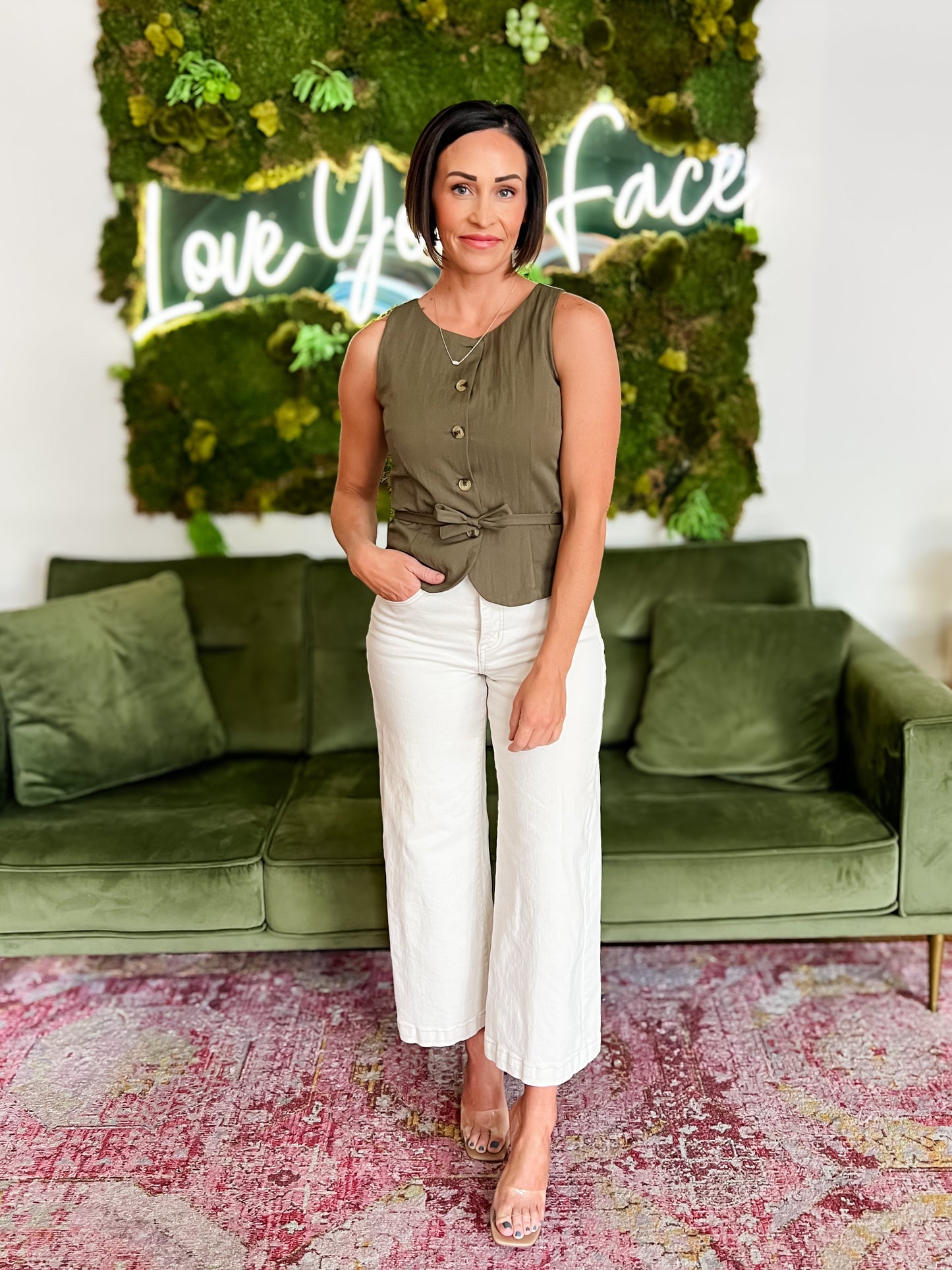 Olive Sleeveless Vest With Back Tie