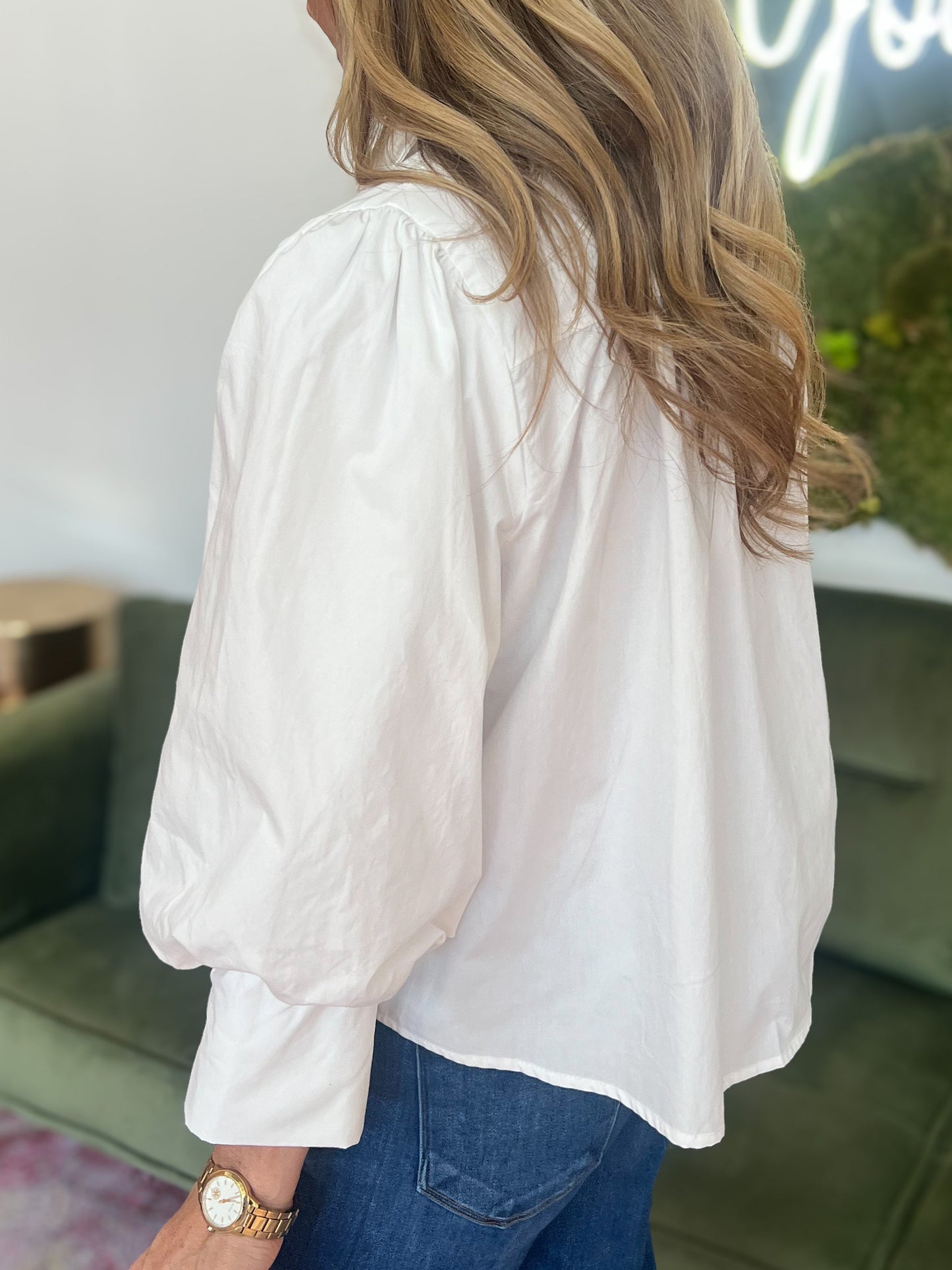 Off White Short Puff Sleeve Button Down Top