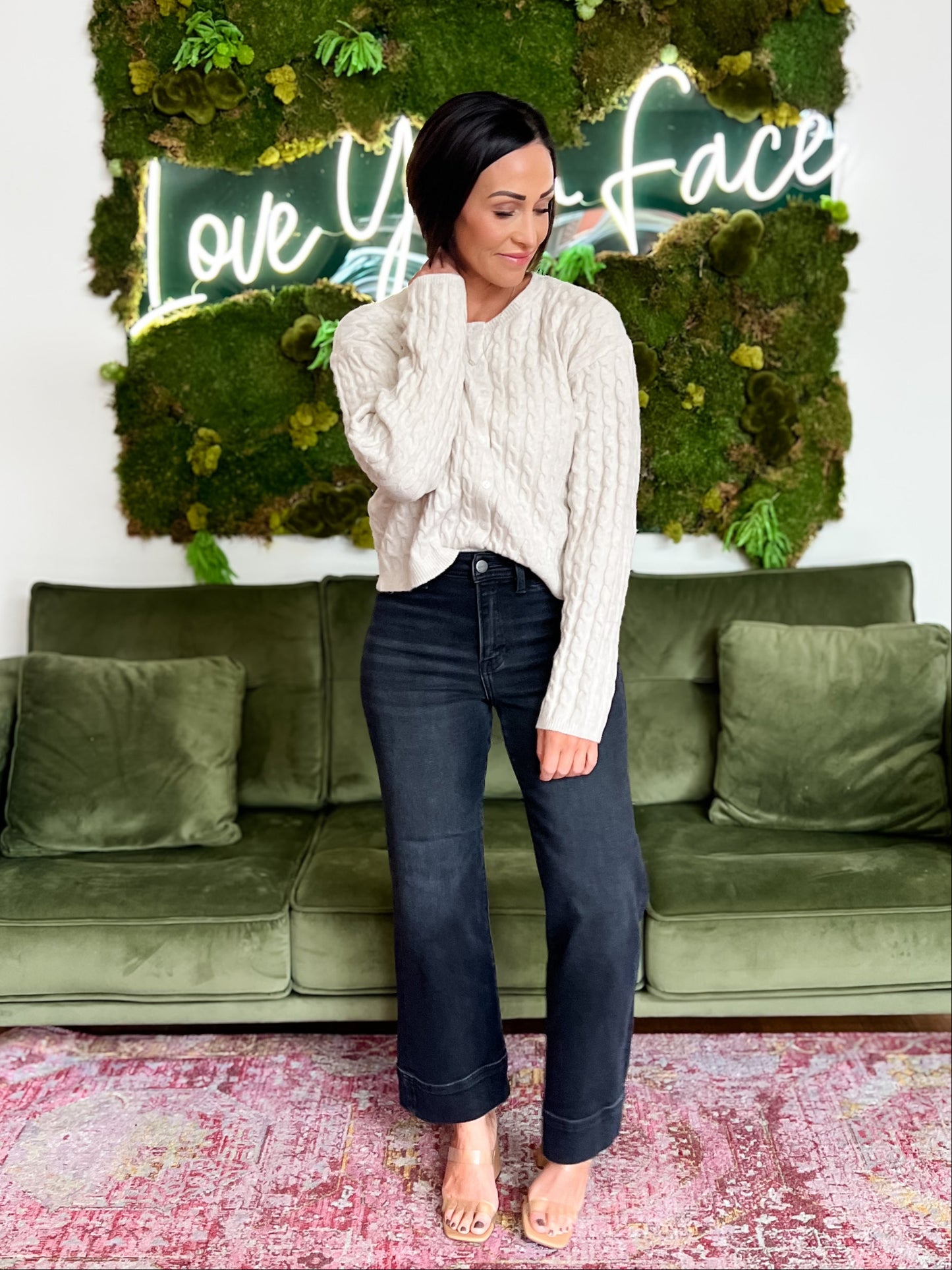 Oat Cable Knit Crew Neck Cardigan