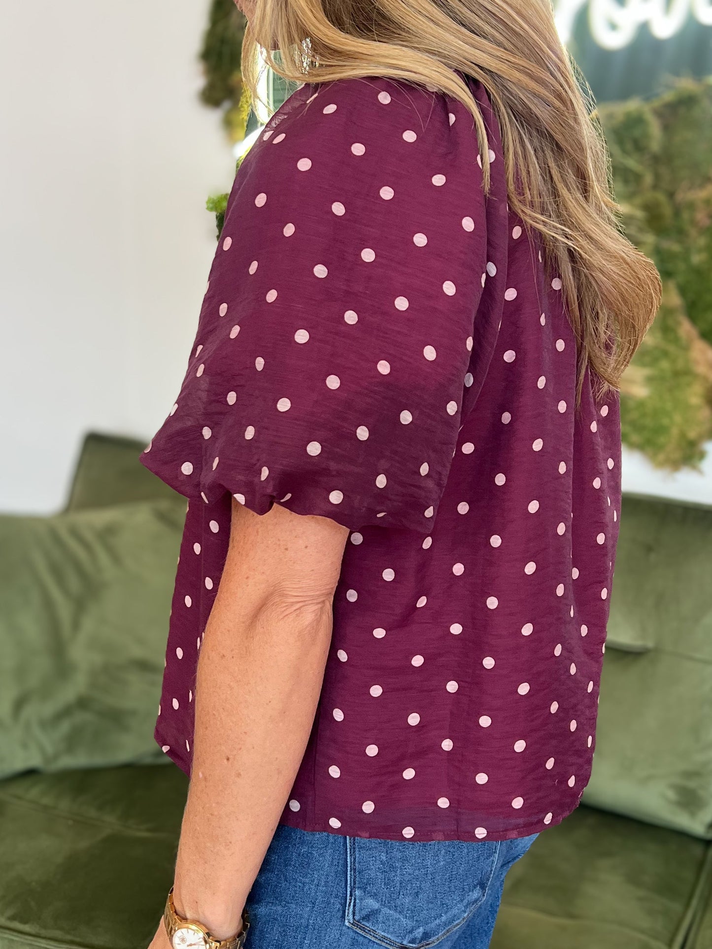 Burgundy Polka Dot Puff Sleeve Top