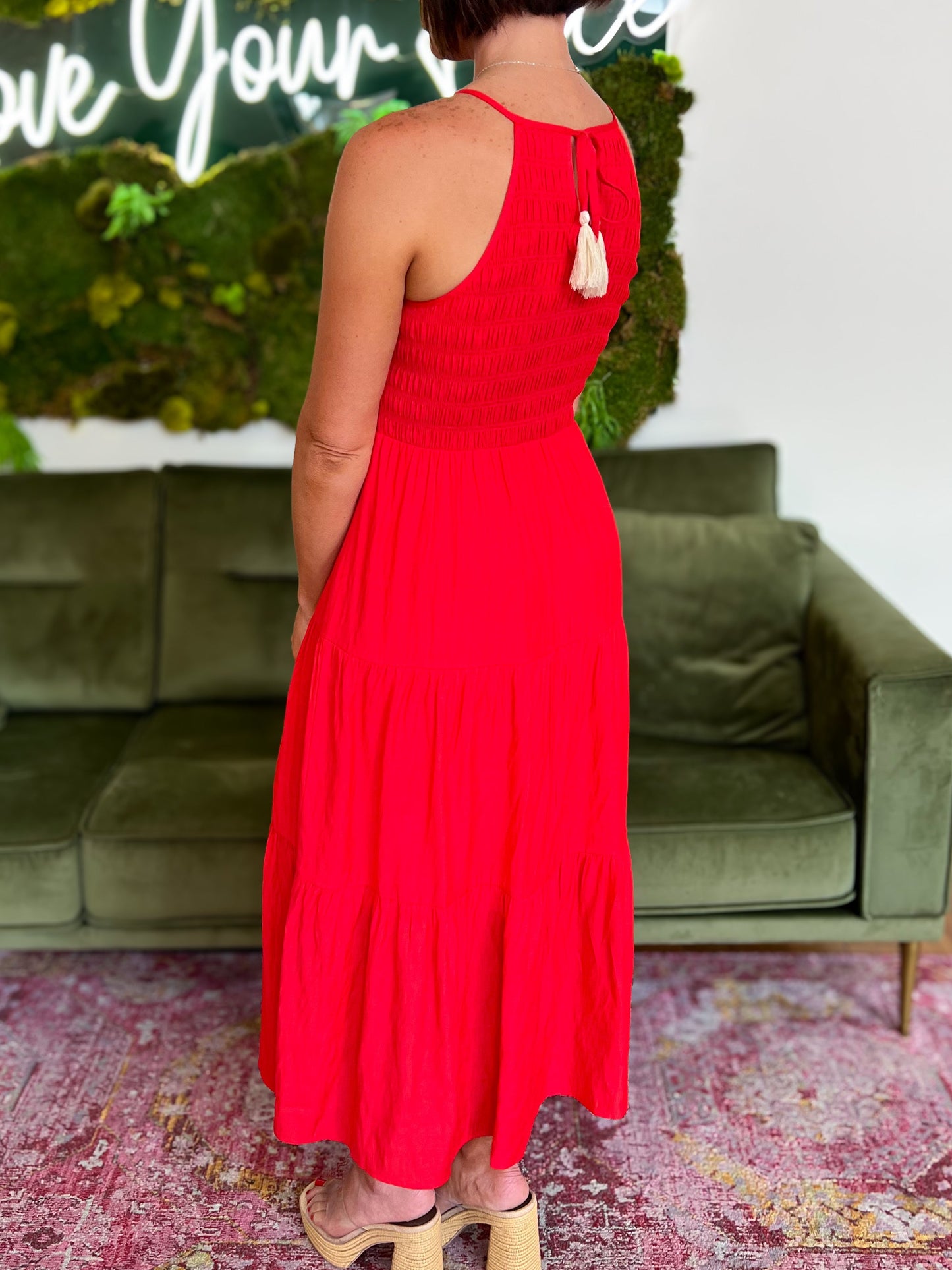 Red Halter Smocked Midi Dress