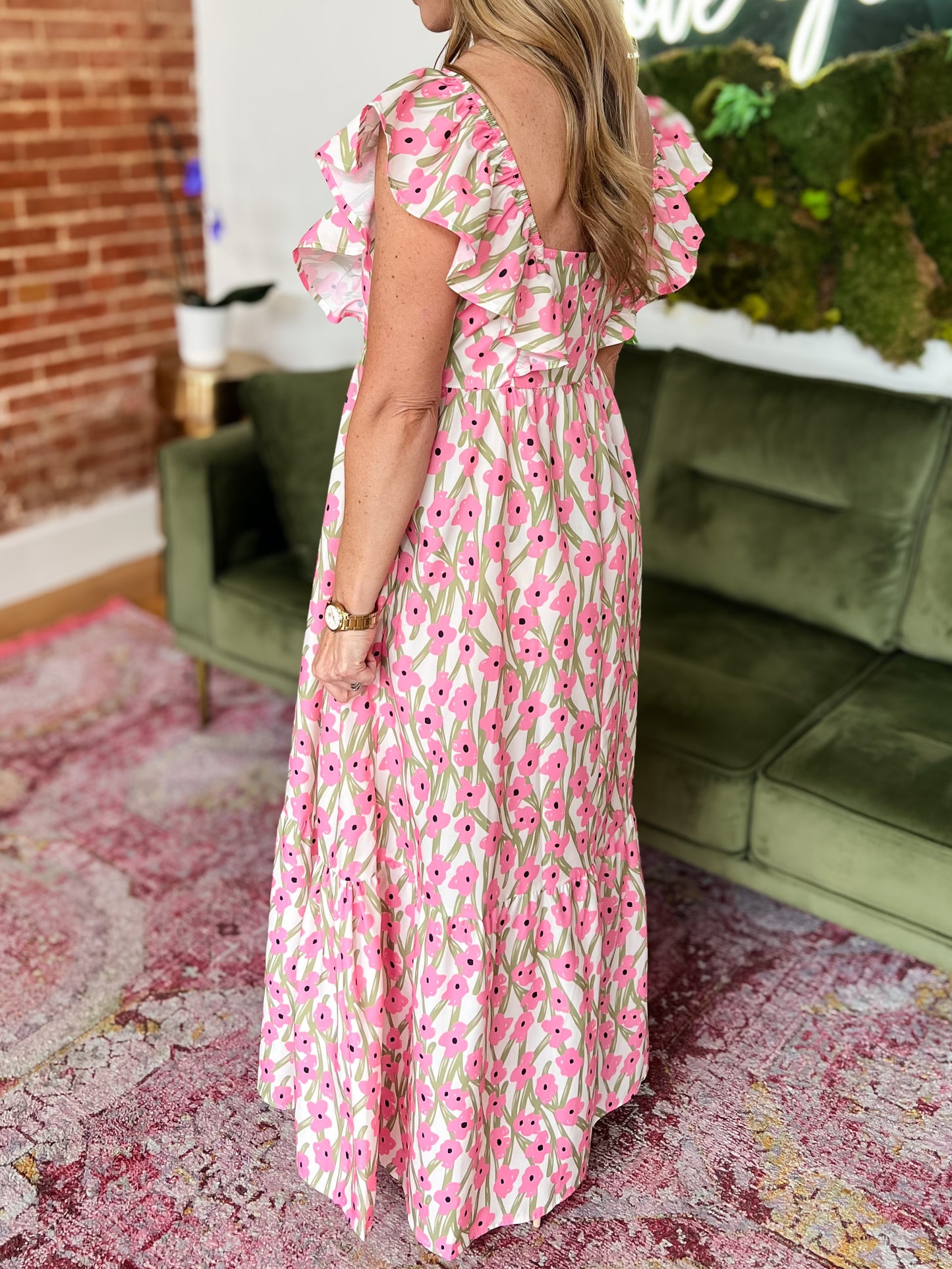 Pink Floral Print Square Neck Maxi Dress