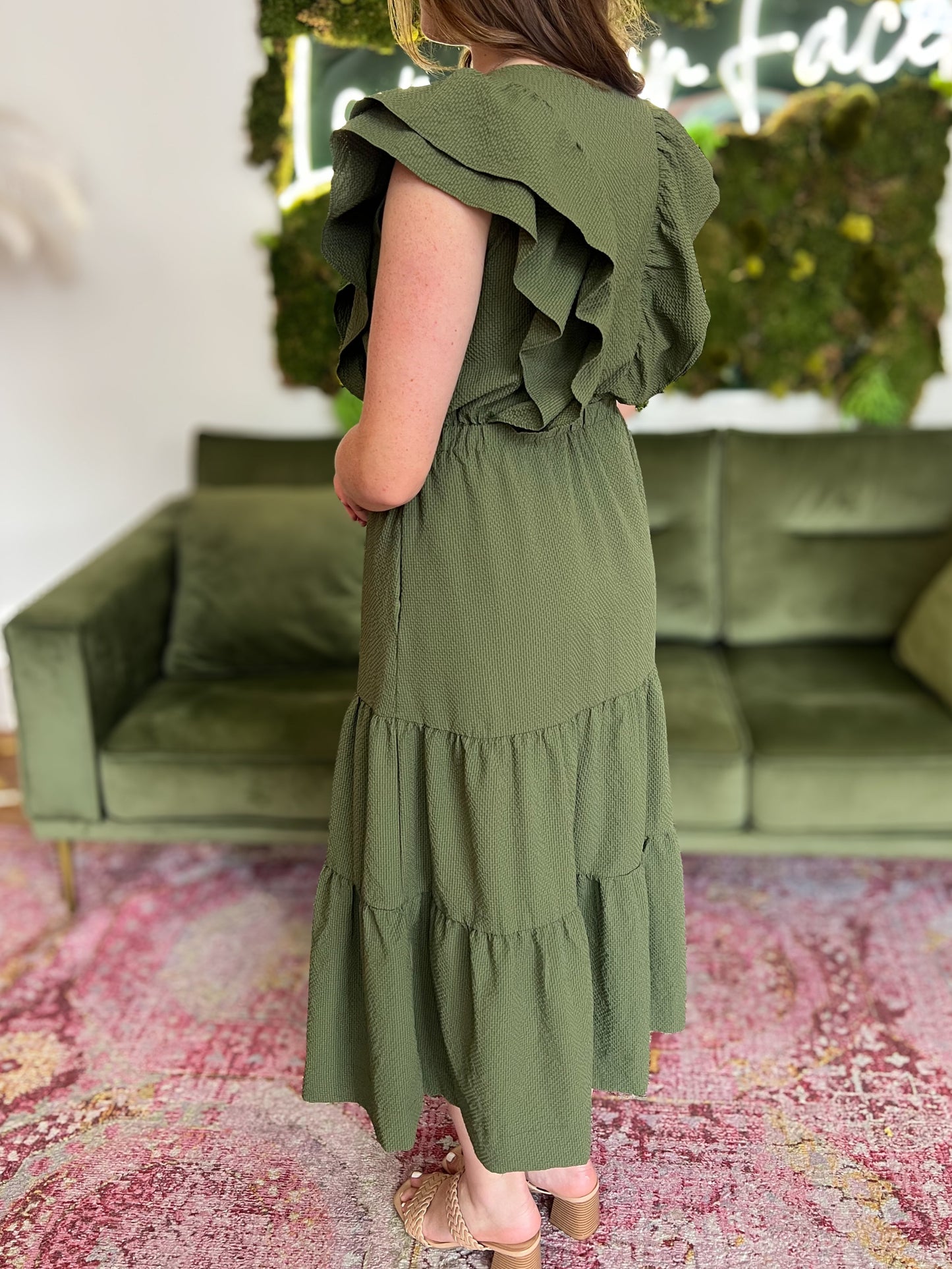Olive Textured Flutter Sleeve Maxi