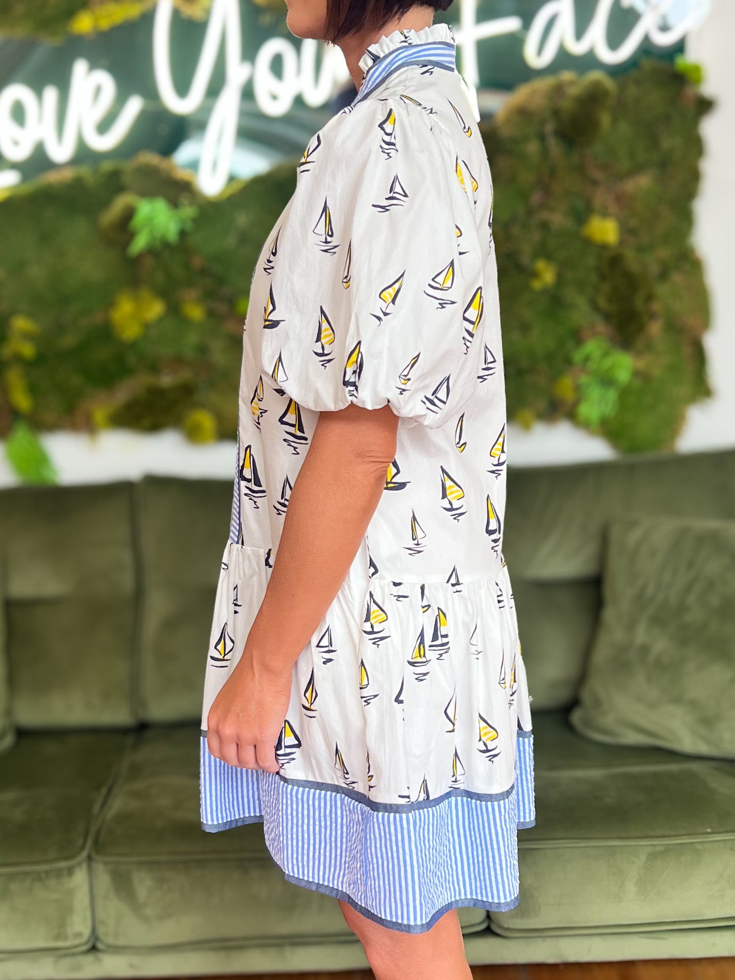White Puff Sleeve Sailboat Pattern Dress