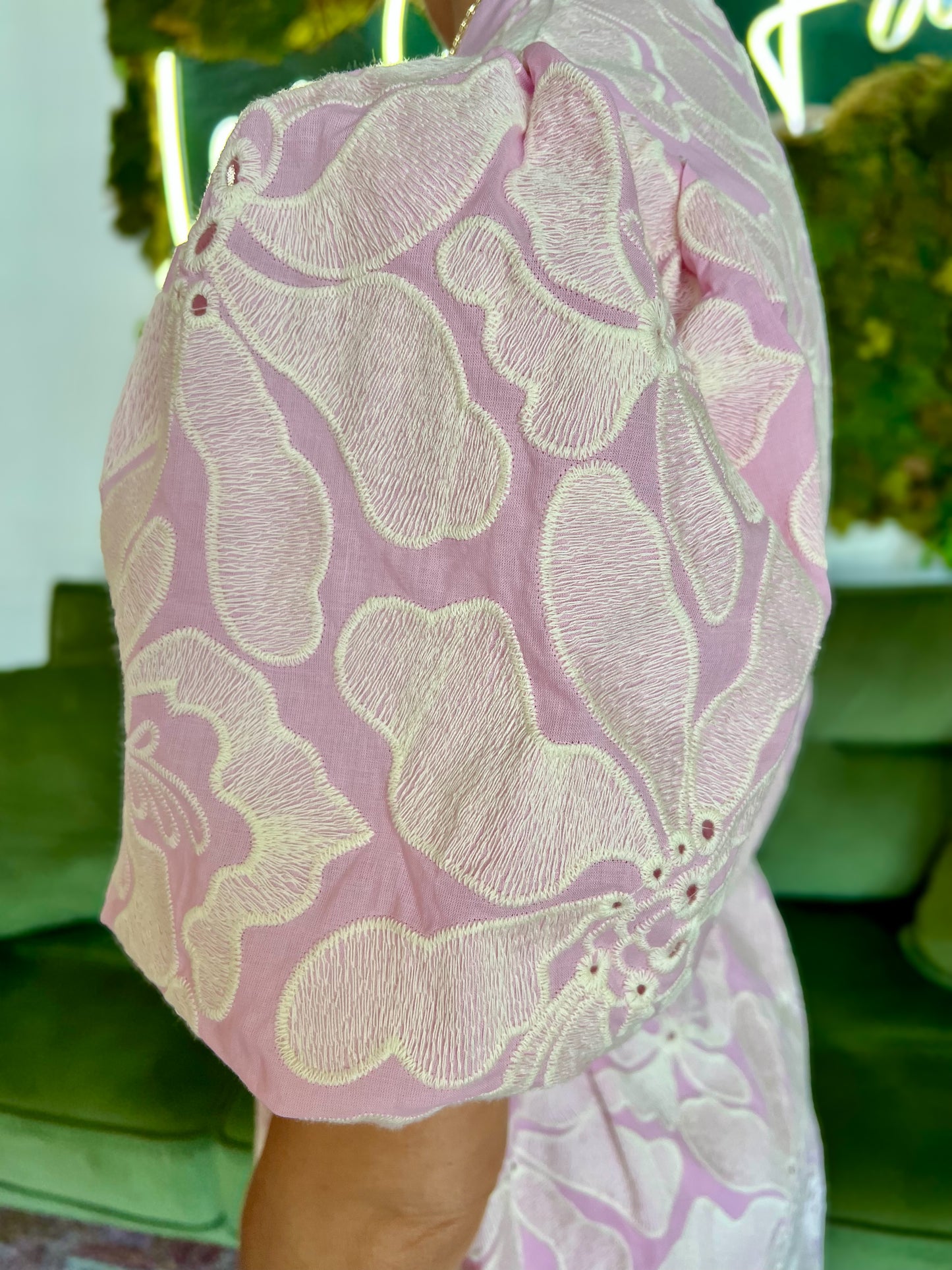 Pink Floral Eyelet Pattern Button Front Mini Dress