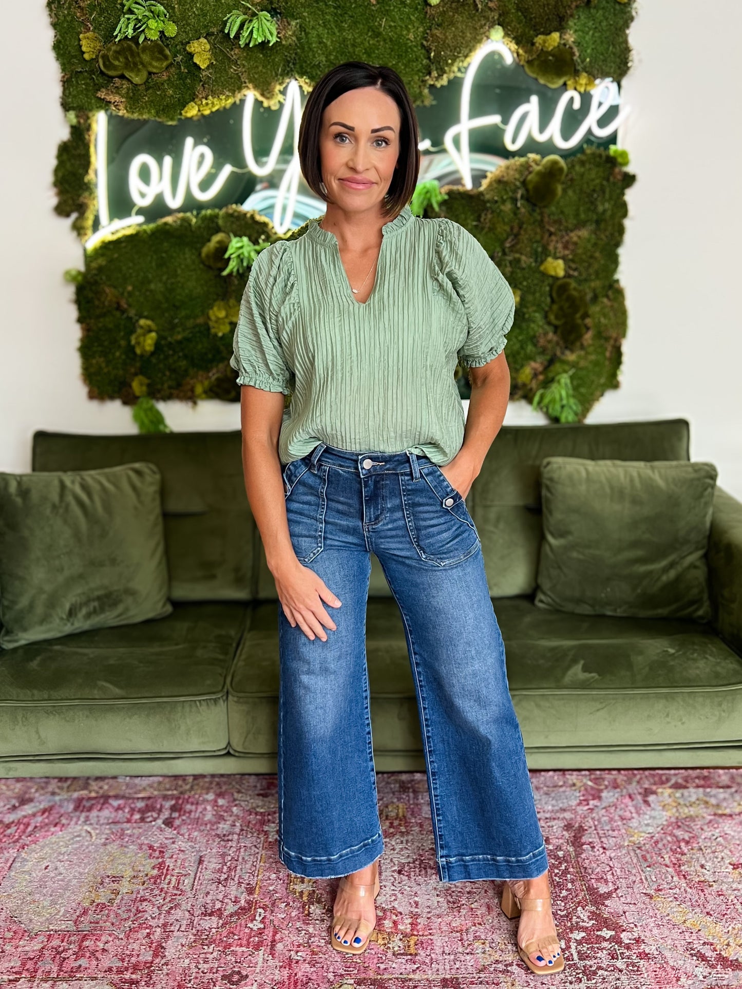 Sage Crinkled Split Neck Puff Sleeve Top