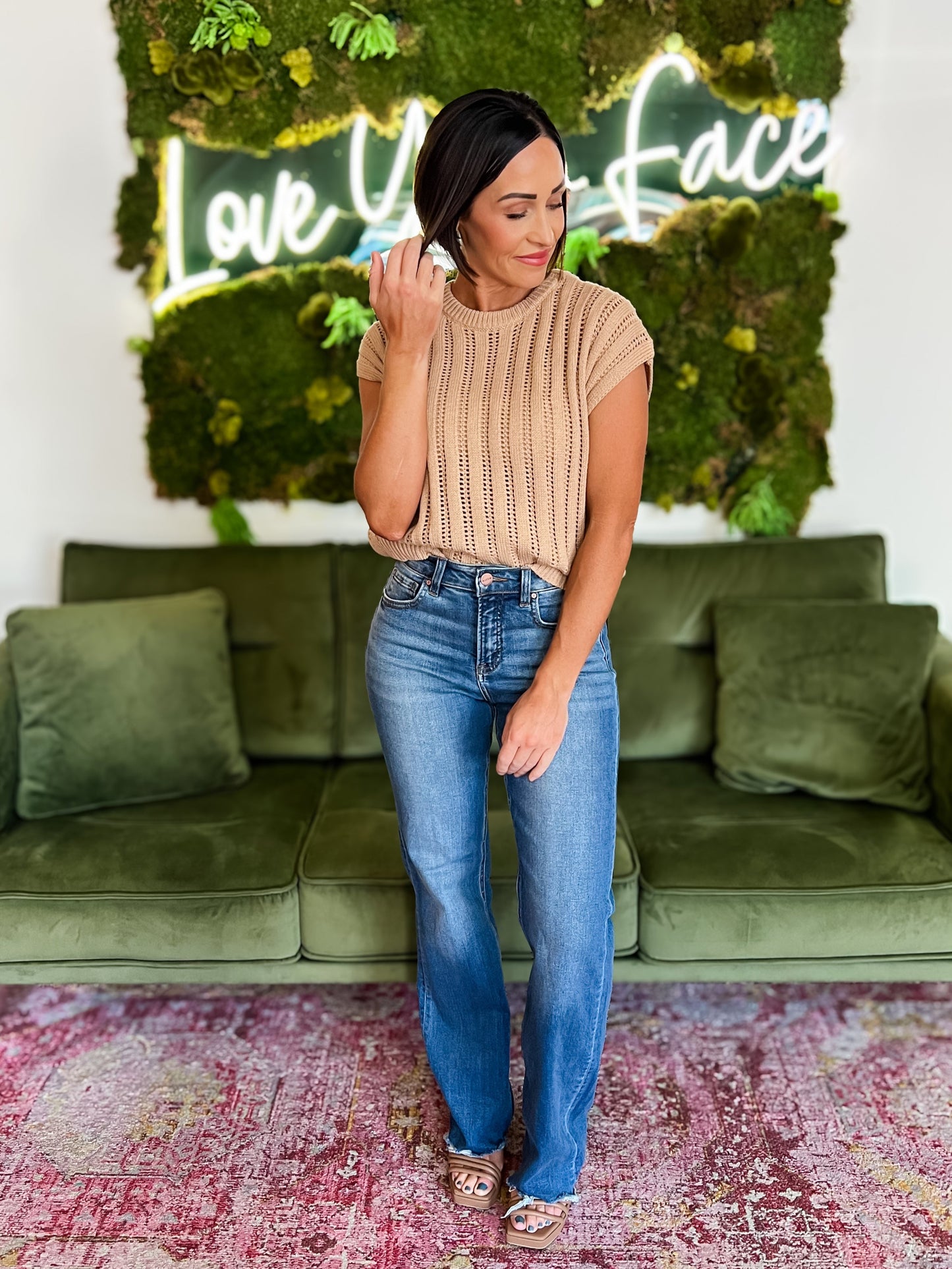 Taupe Crochet Drop Shoulder Sweater