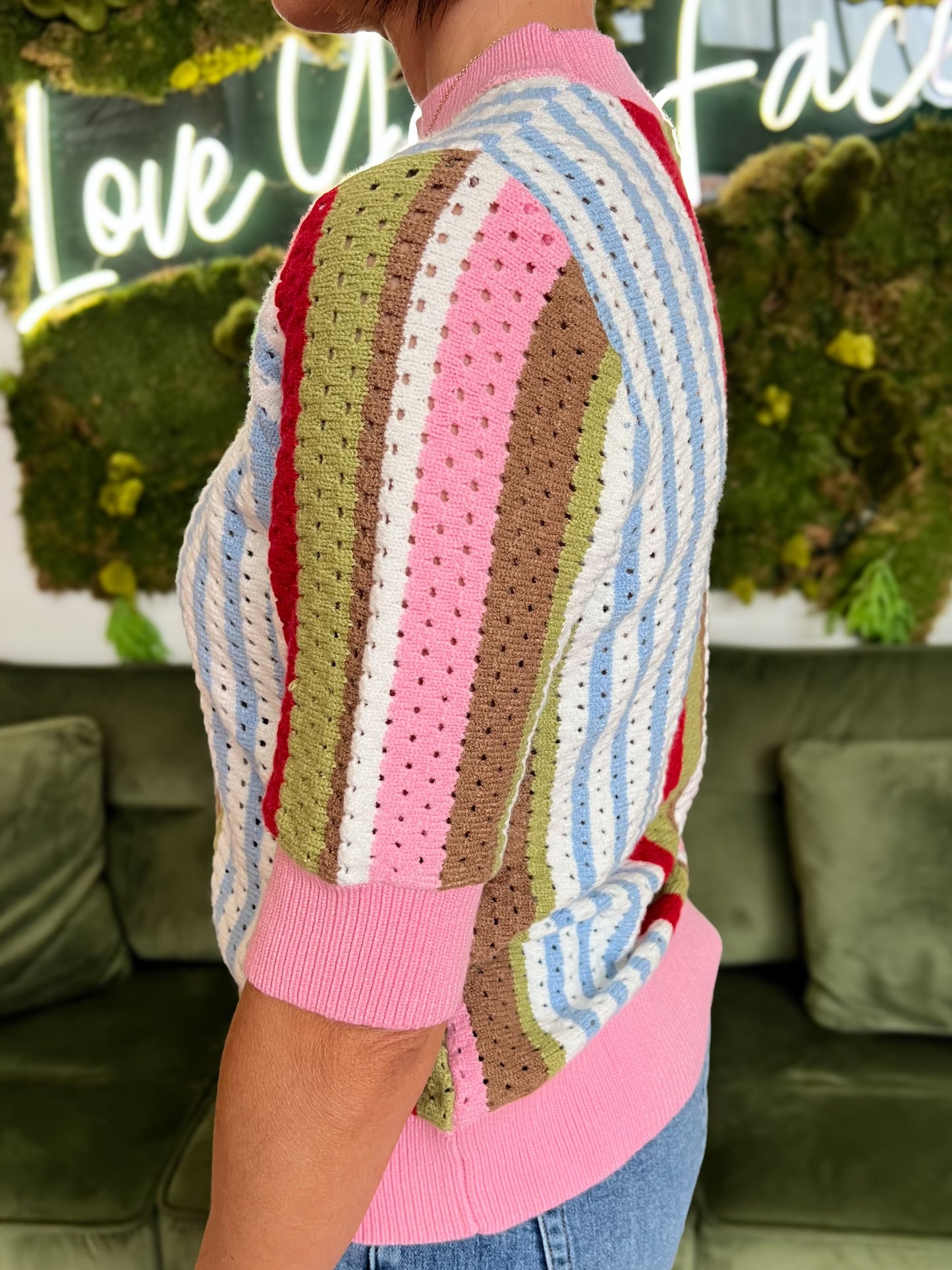 Multi Striped Pontelle Knit Short Sleeve Sweater