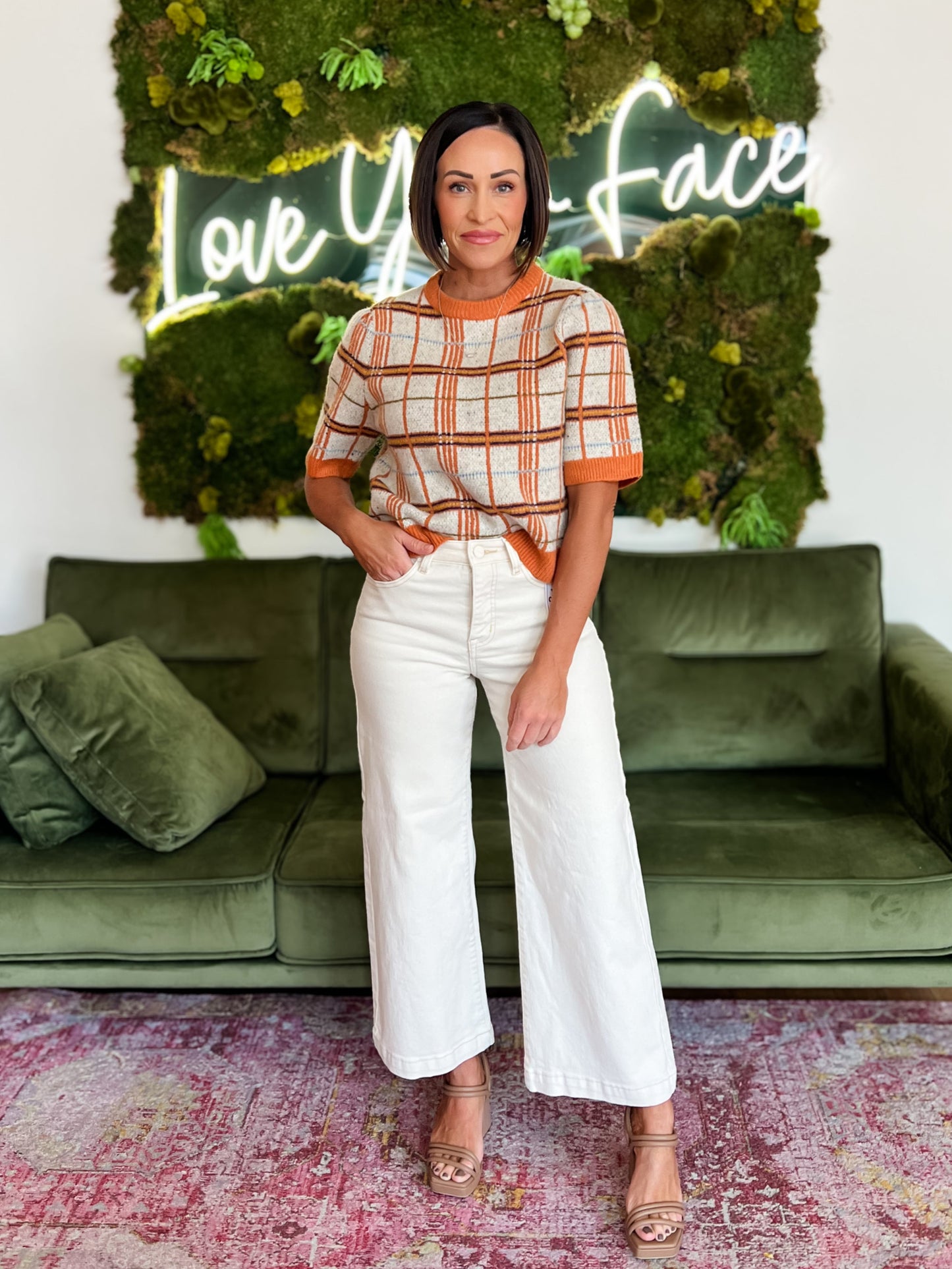 Cream/ Orange Plaid Short Sleeve Sweater