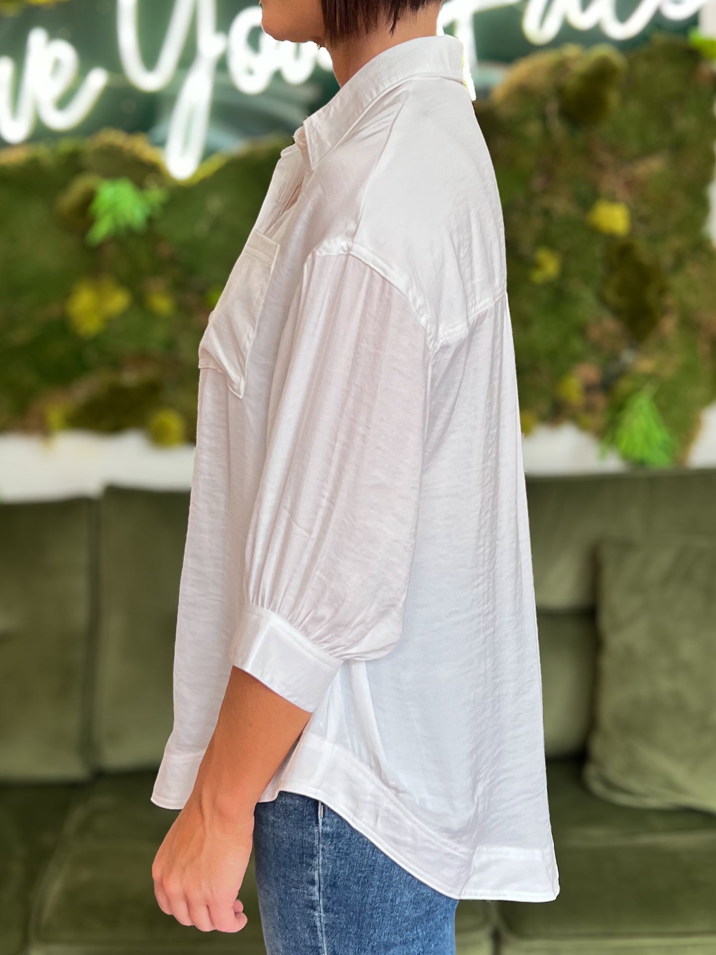 Off White Oversized 3/4 Sleeve Button Down Shirt