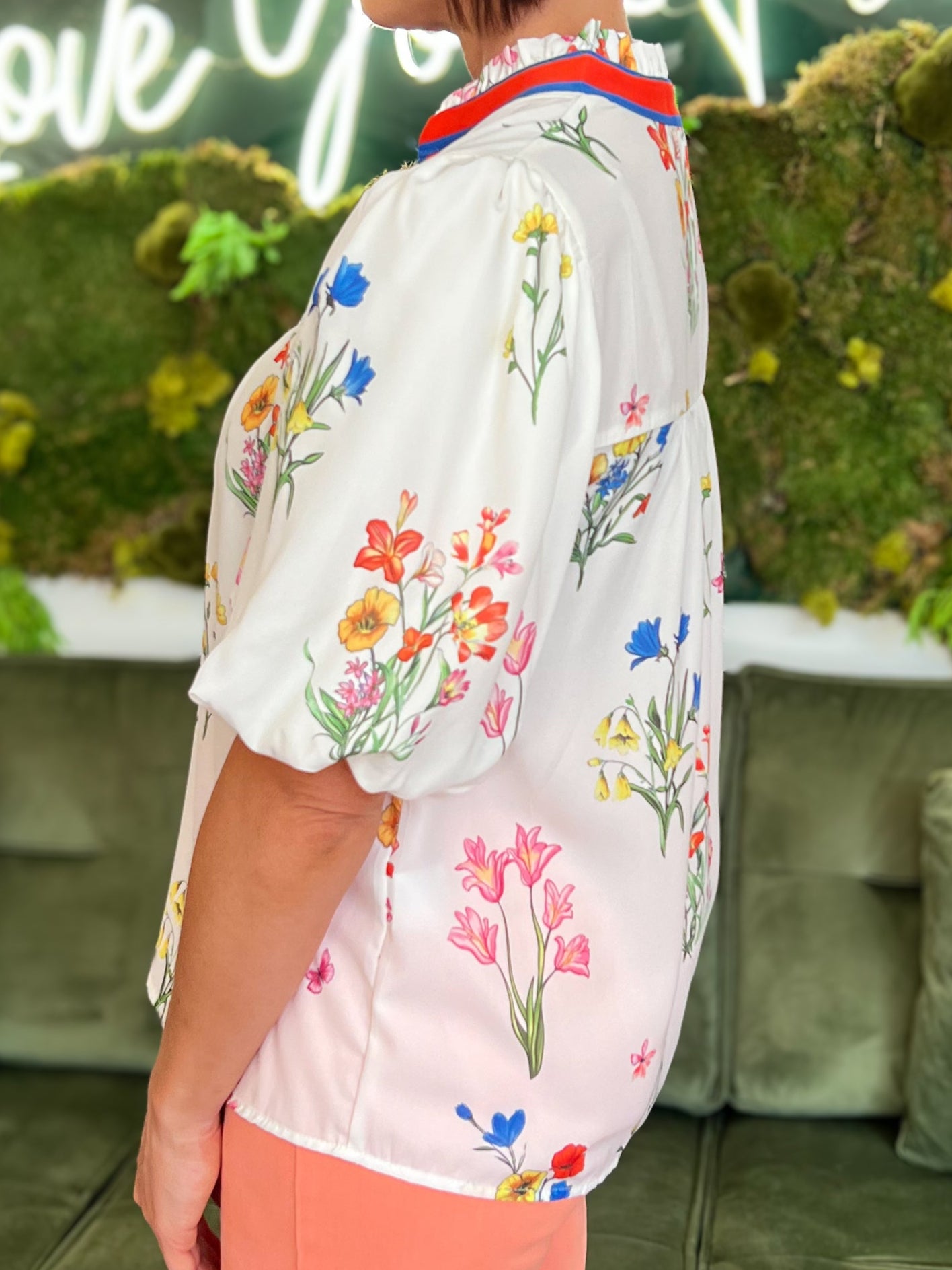 Ivory Floral Print V Neck Blouse