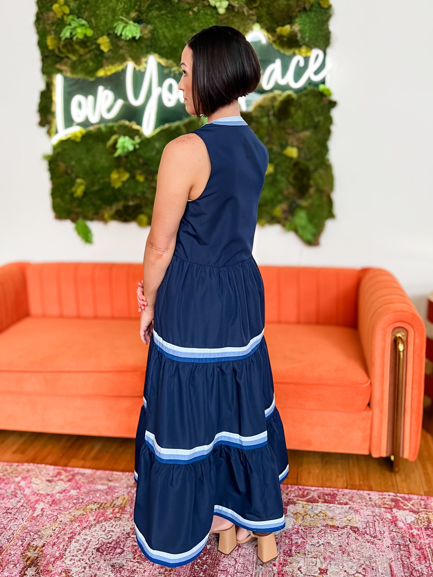 Navy Sleeveless Striped Trim Midi Dress