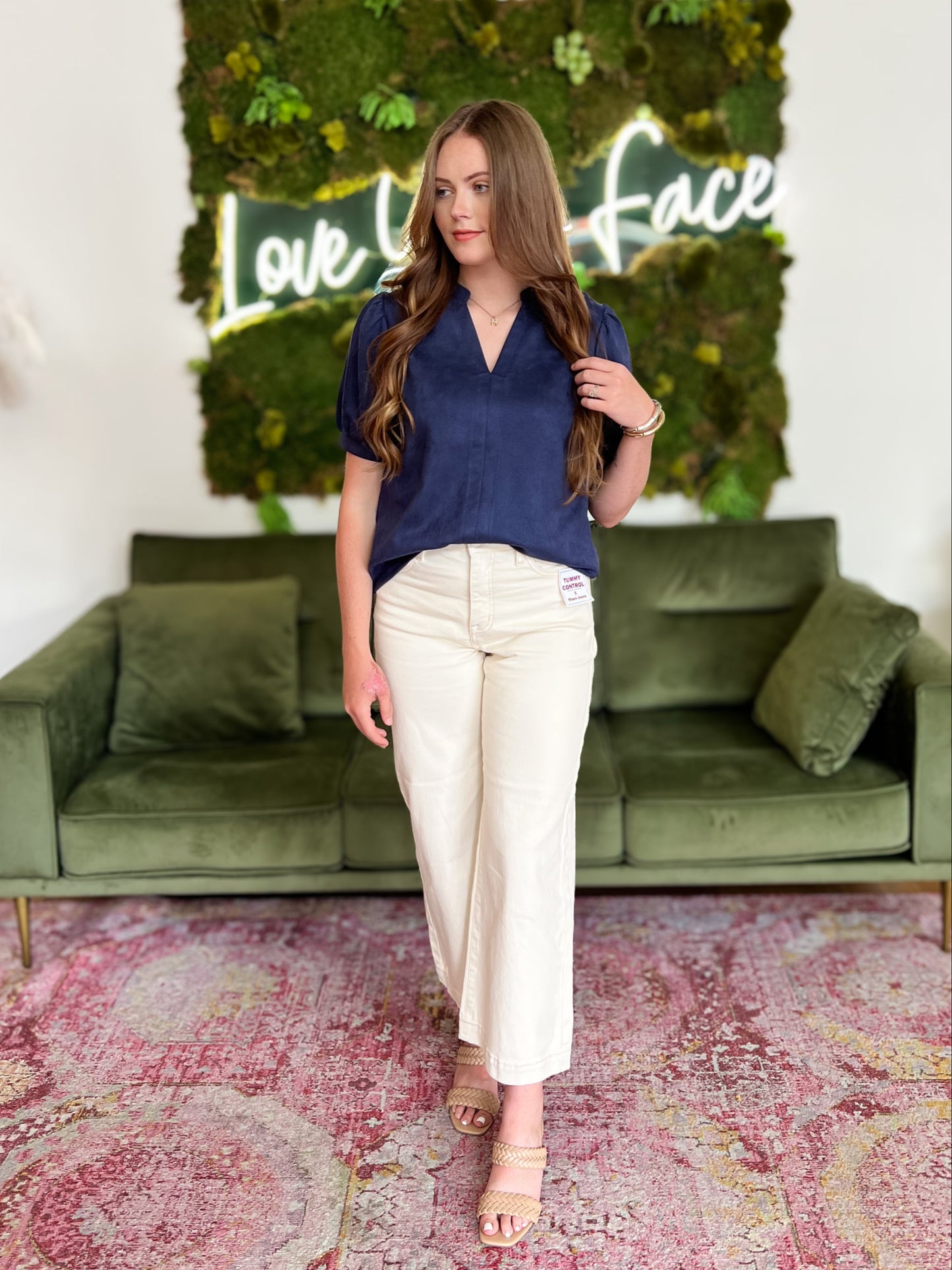 Navy Suede Puff Sleeve Split Neck Top