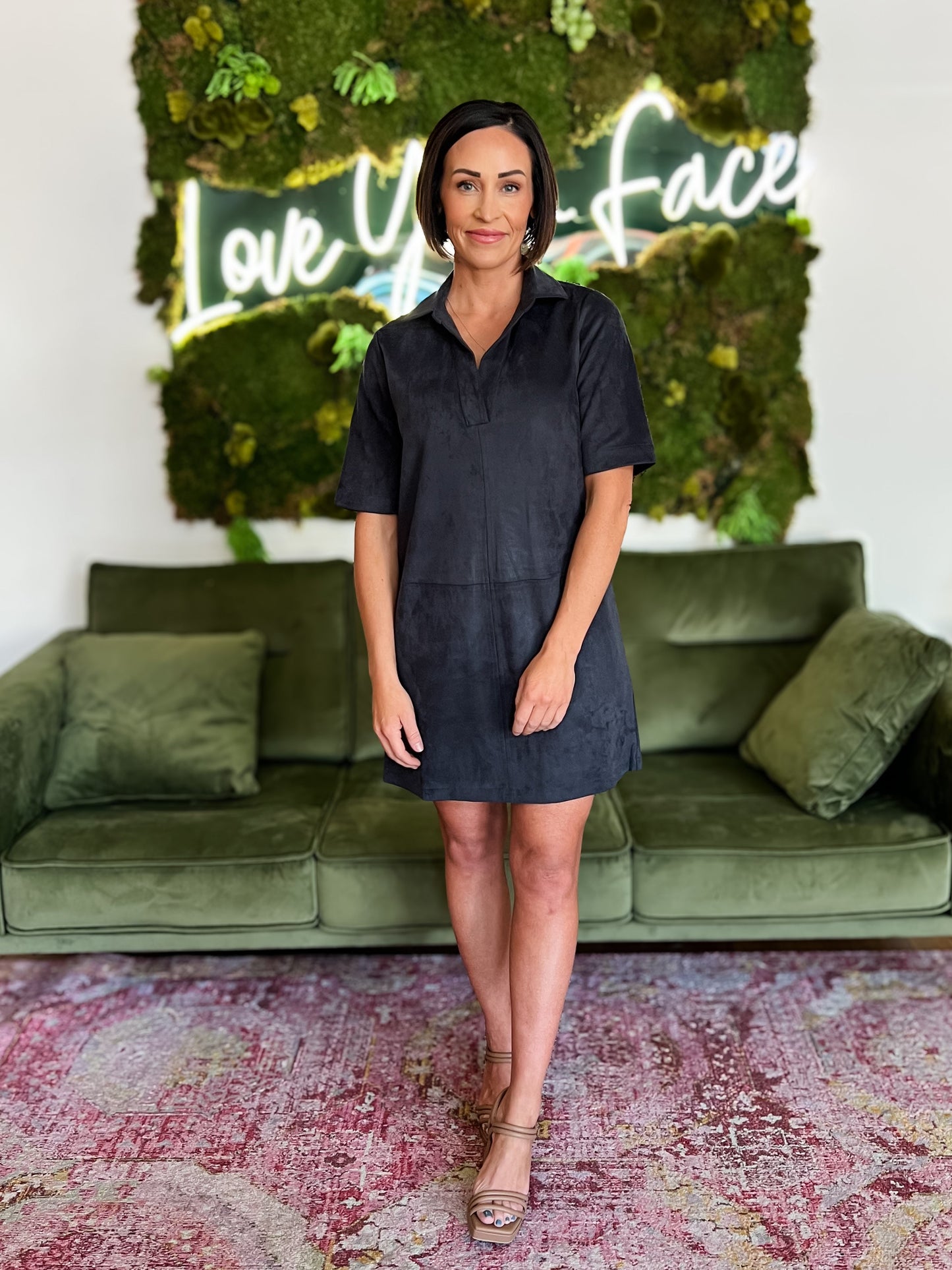 Navy Short Sleeve Collared Suede Dress