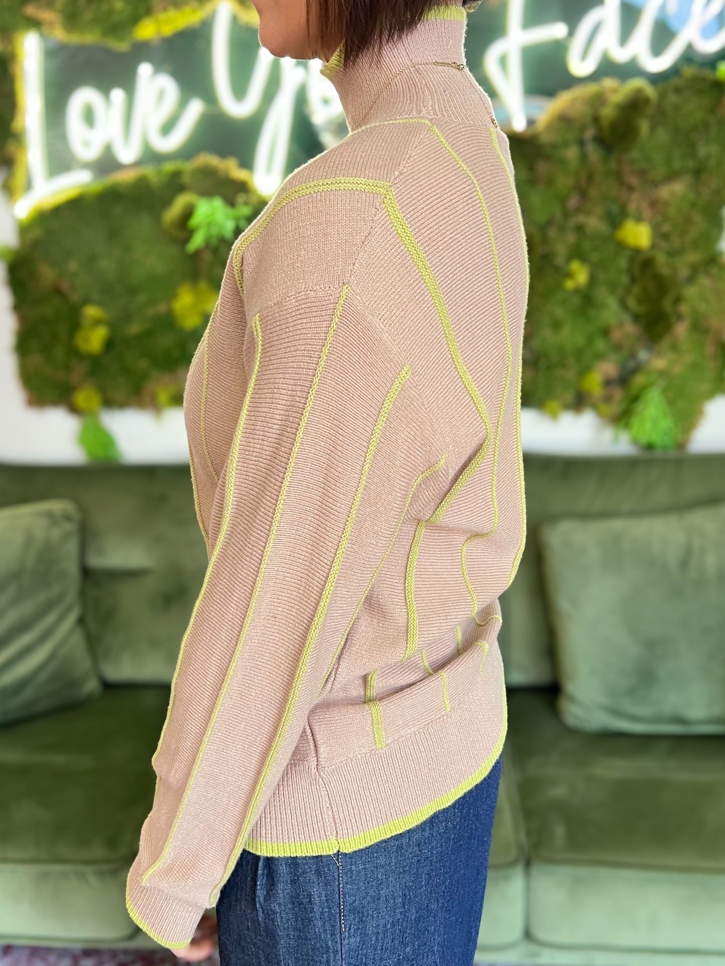 Taupe/ Lime Striped High Neck Sweater