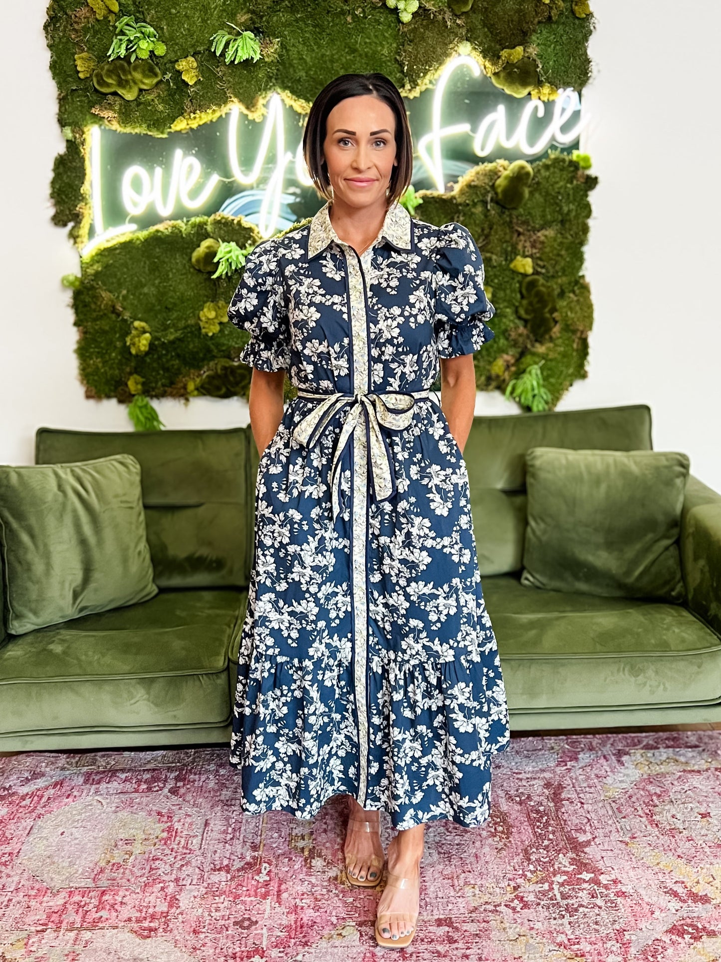 Navy Floral Collared Button Down Maxi Dress