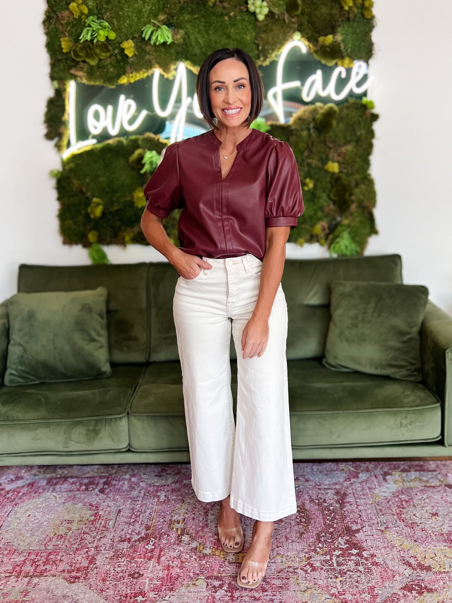 Burgundy Puff Sleeve Leather Top