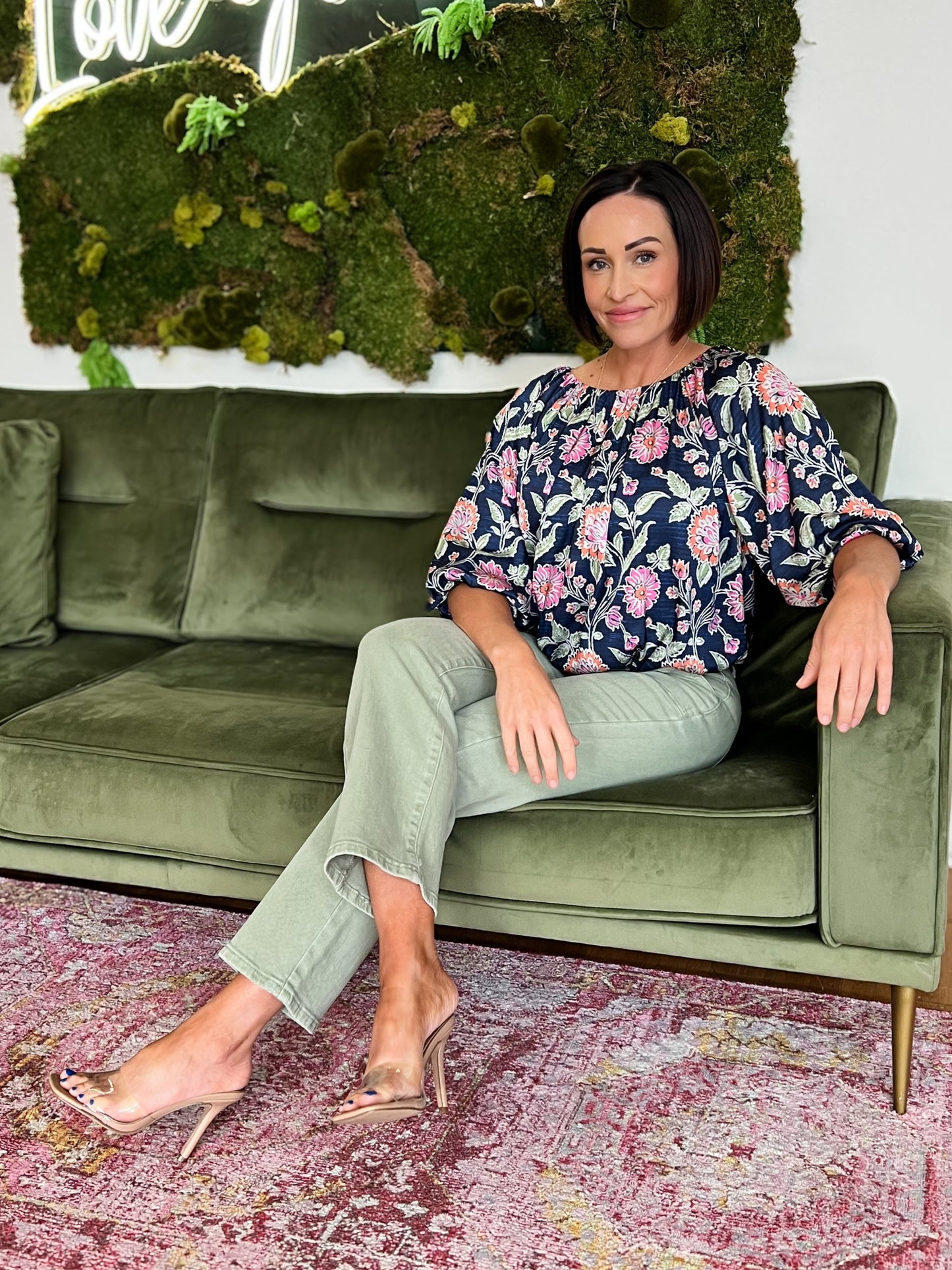 Navy Floral Boatneck Balloon Sleeve Top