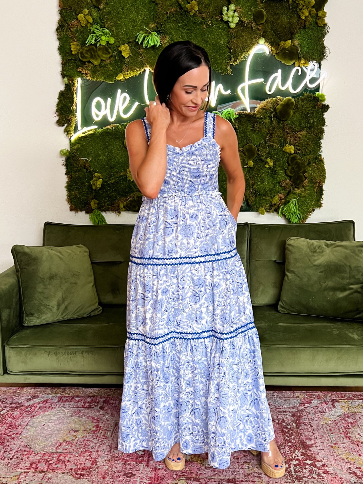 Blue Floral Smocked Tiered Maxi Dress