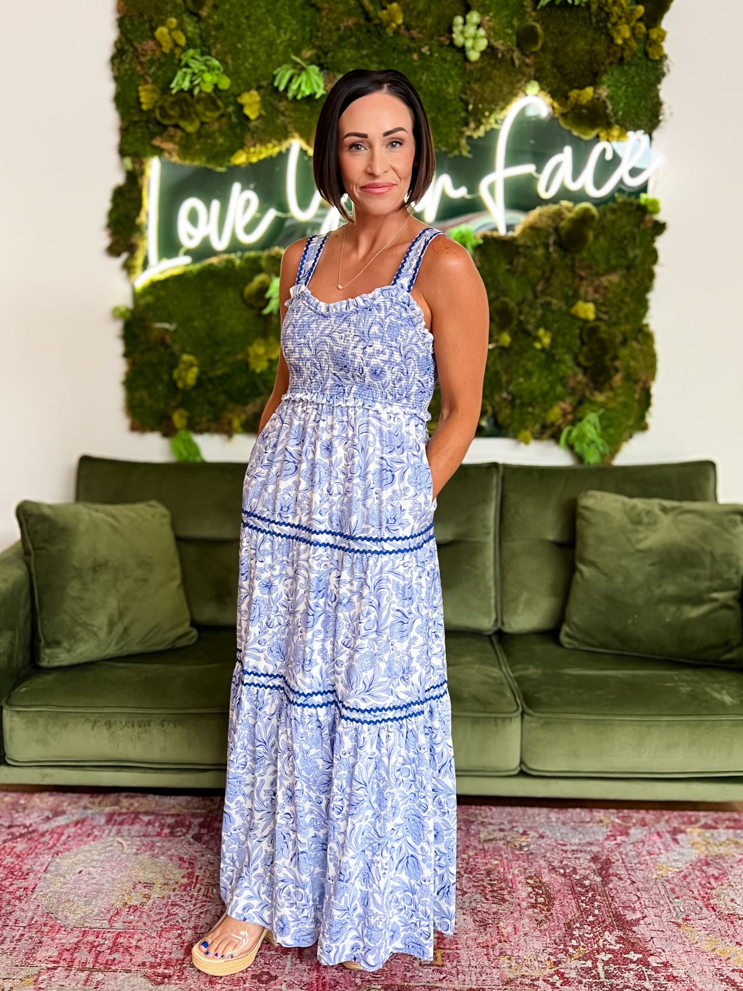 Blue Floral Smocked Tiered Maxi Dress