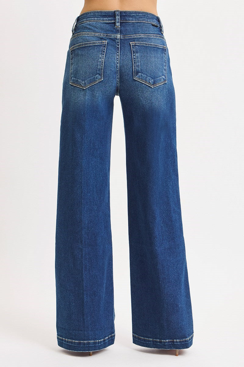 Dark Wash Mid Rise Wide Leg Jeans