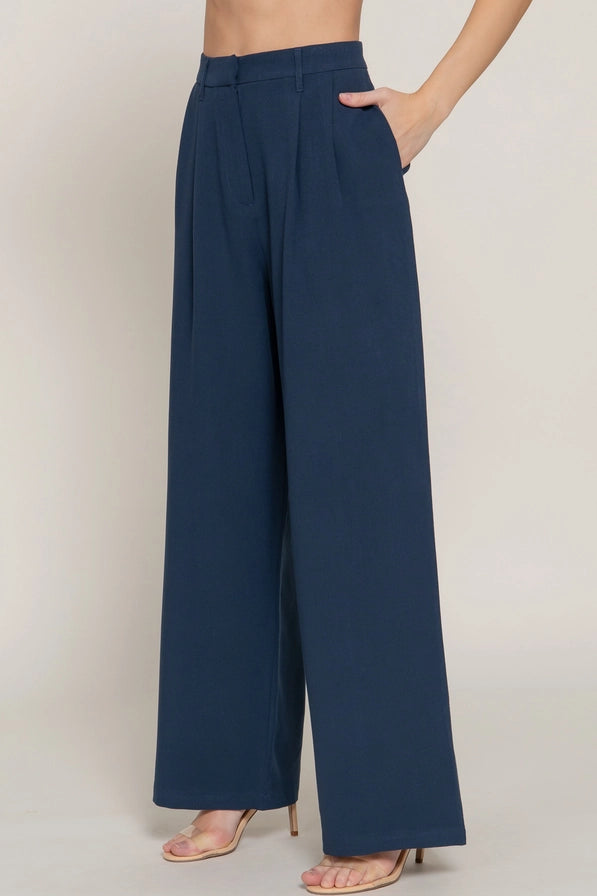 Navy Pleated Wide Leg Dress Pants
