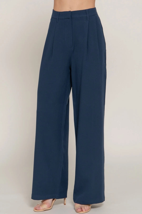 Navy Pleated Wide Leg Dress Pants