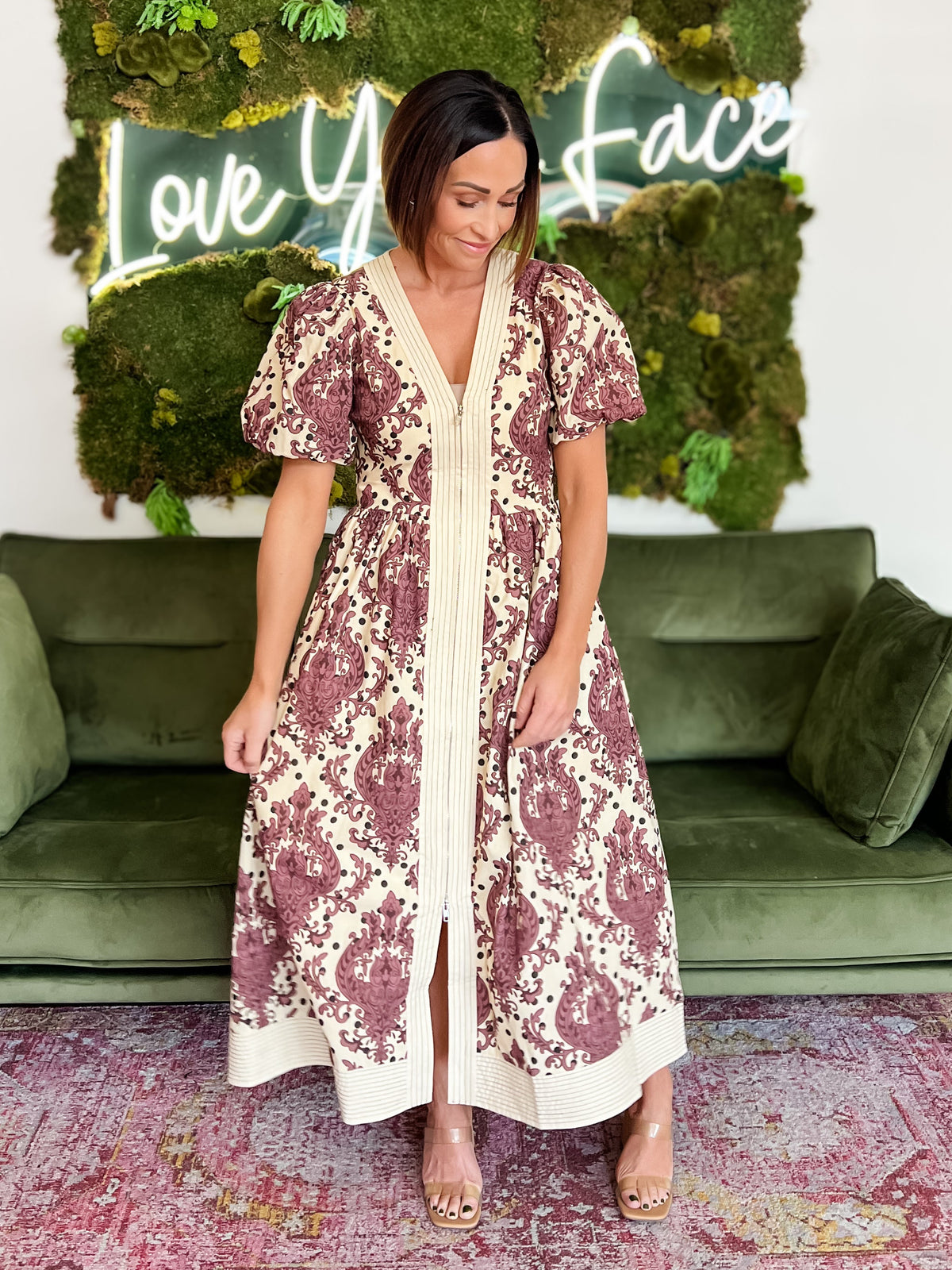 Cream Paisley Print Zip Front Midi Dress