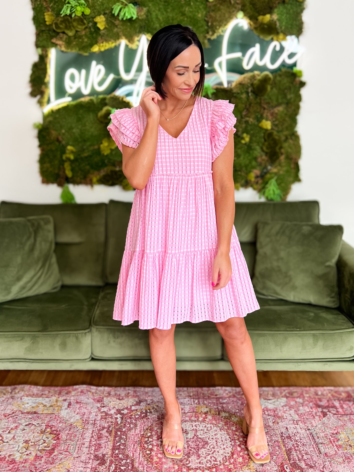 Pink Flutter Sleeve Pattern Dress