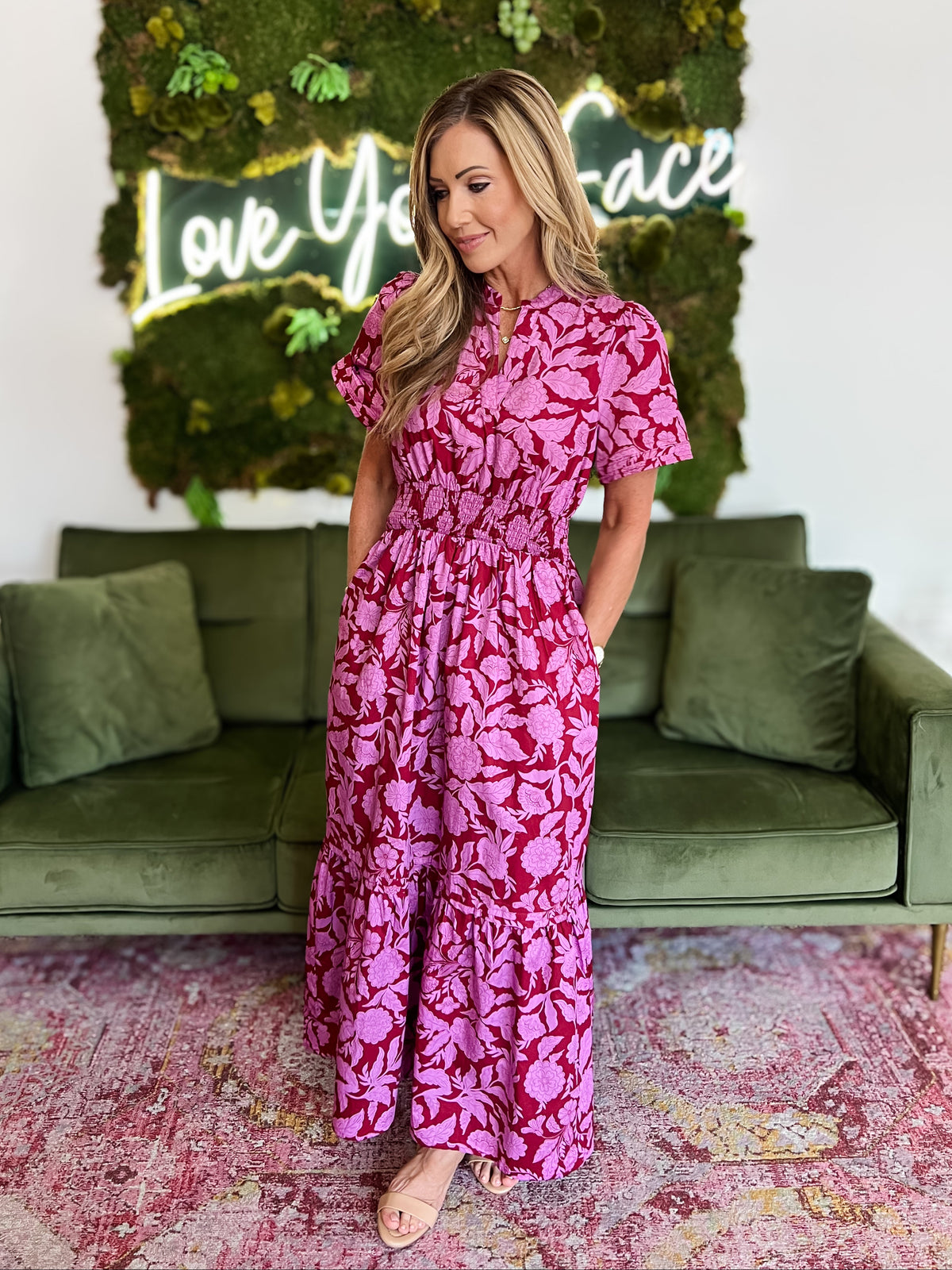 Burgundy/ Pink Floral Print Poplin Maxi Dress