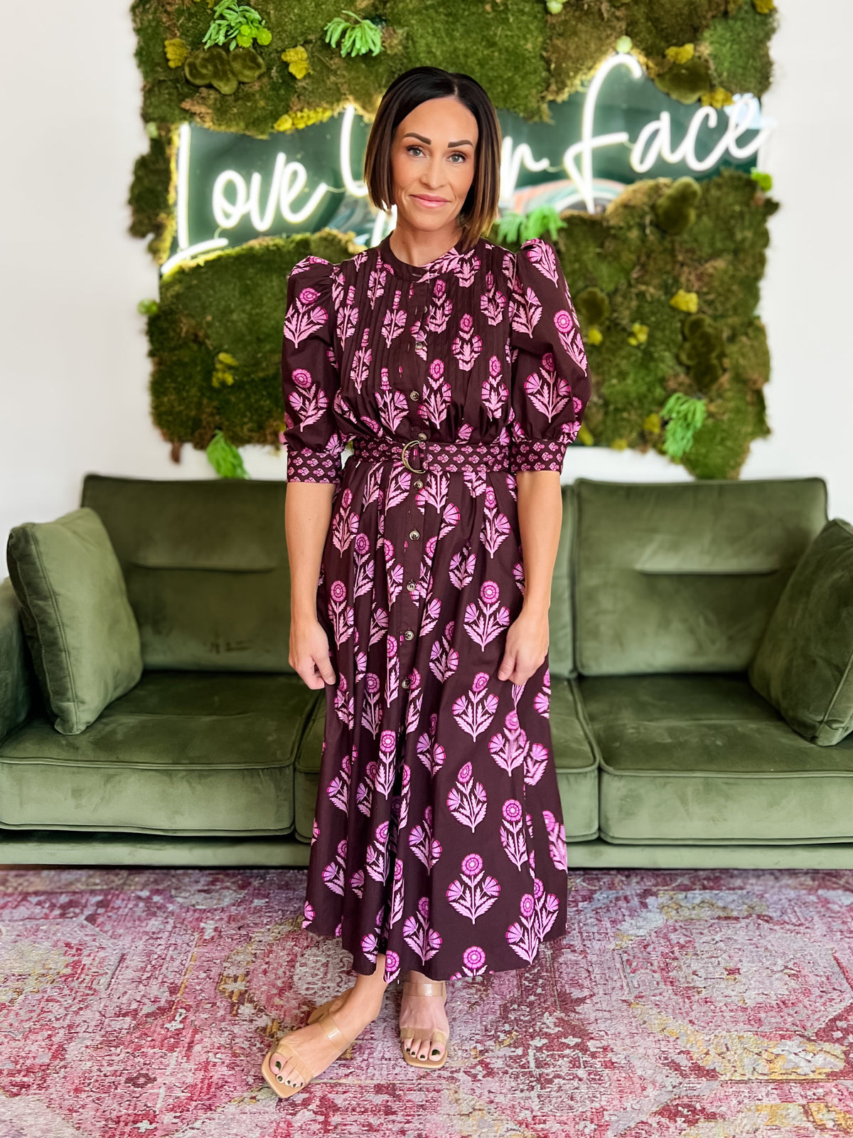 Chocolate Floral Print Belted Midi Dress