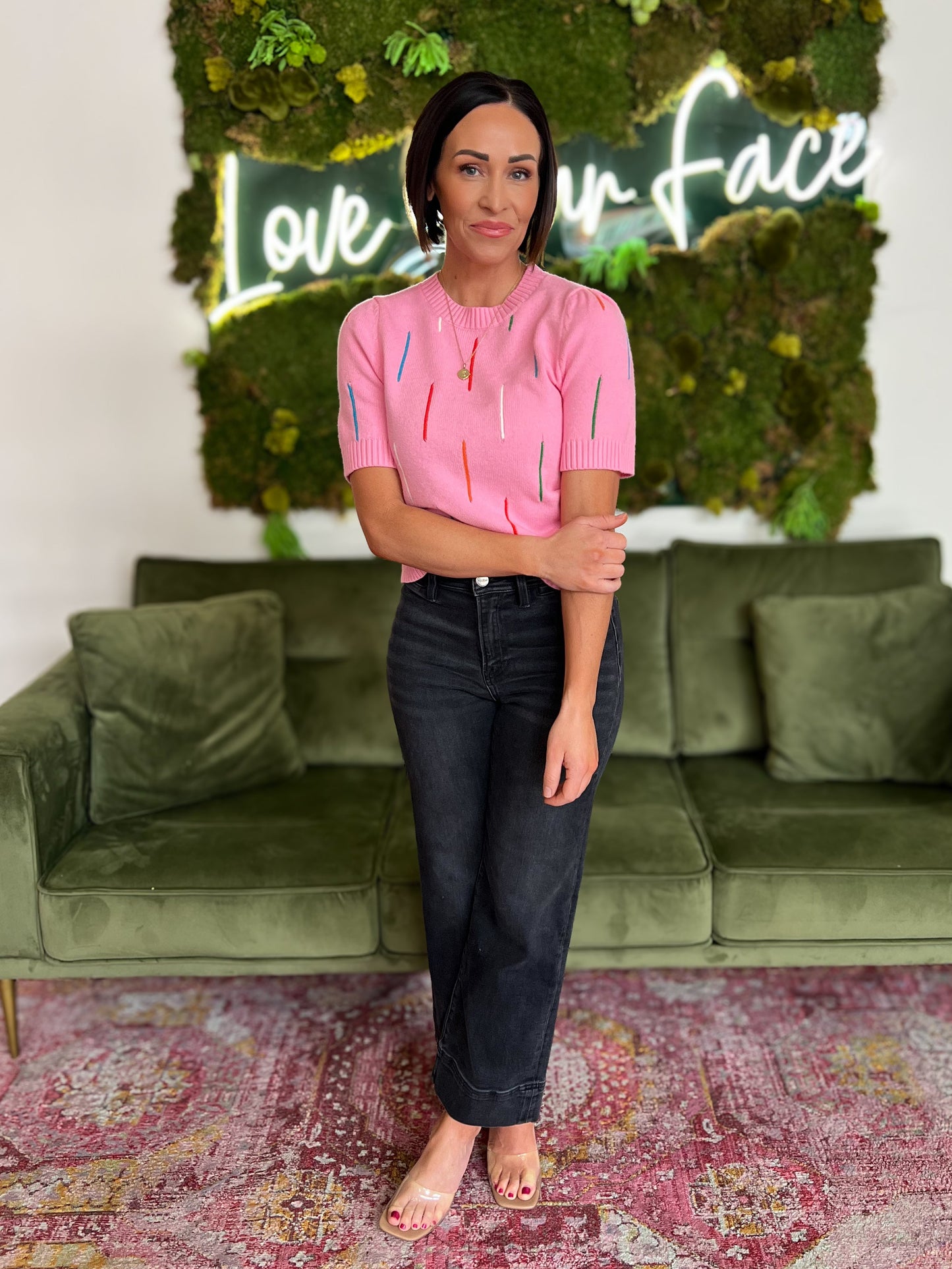 Pink Rainbow Ribbed Short Sleeve Sweater