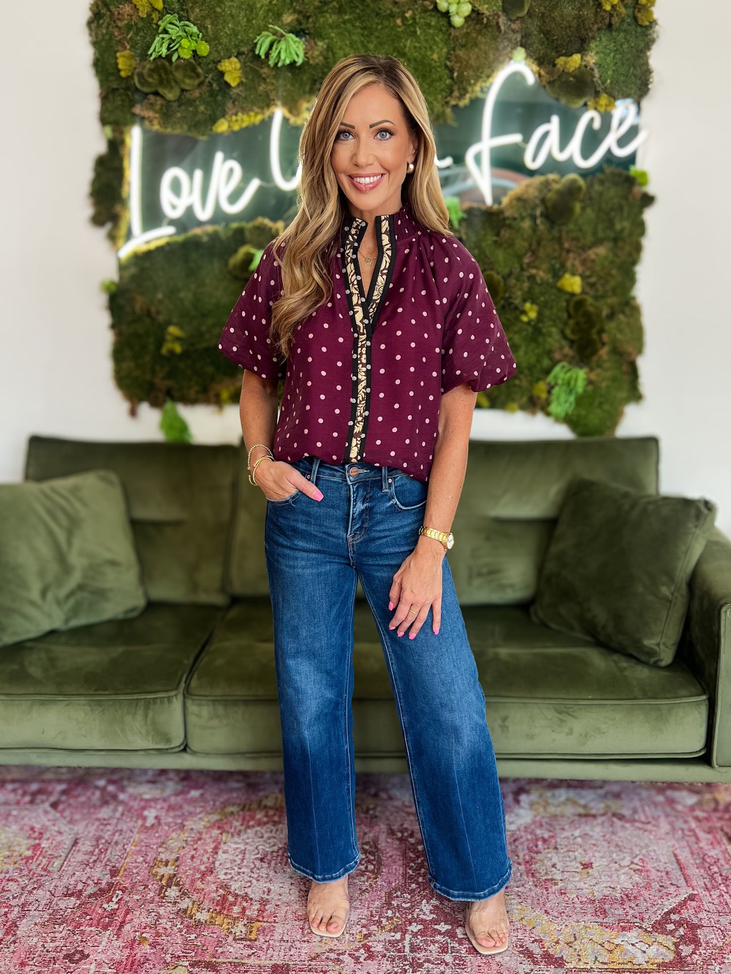 Burgundy Polka Dot Puff Sleeve Top