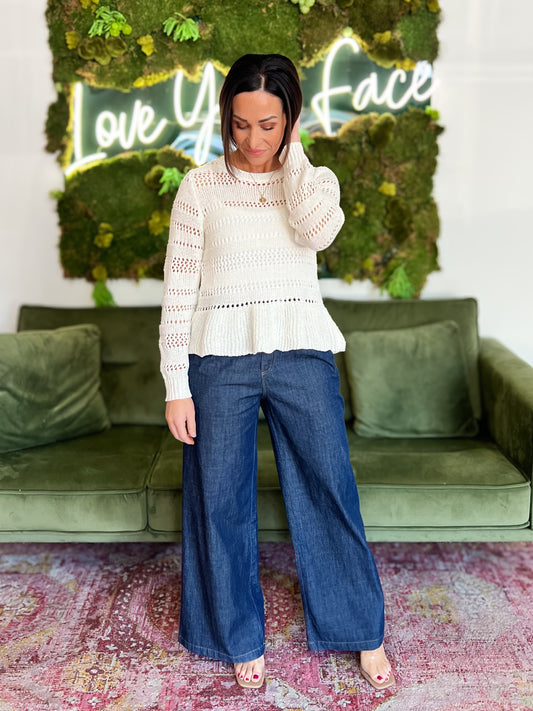 Ivory Crochet Striped Sweater