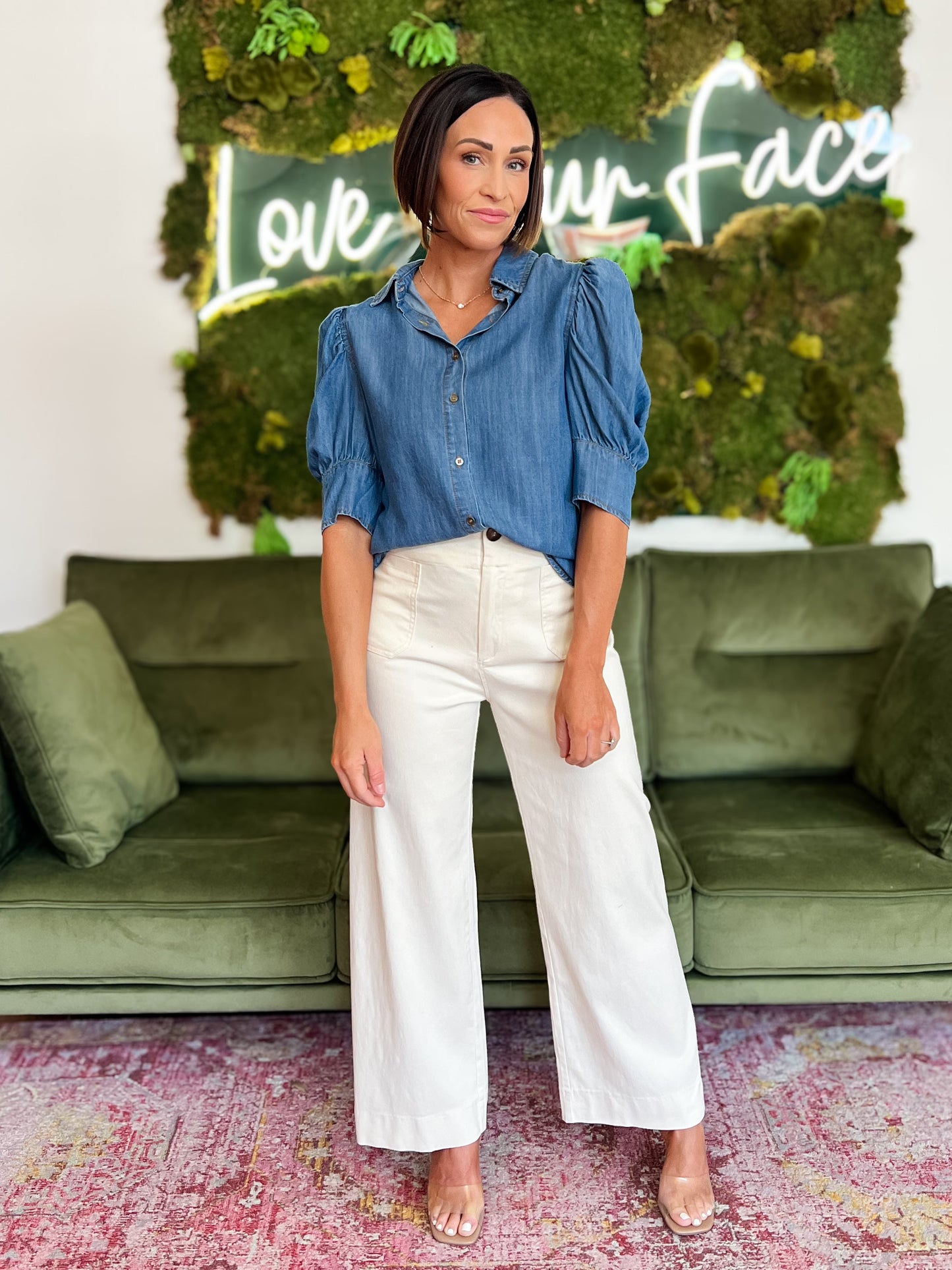 Chambray Puff Sleeve Button Down Top