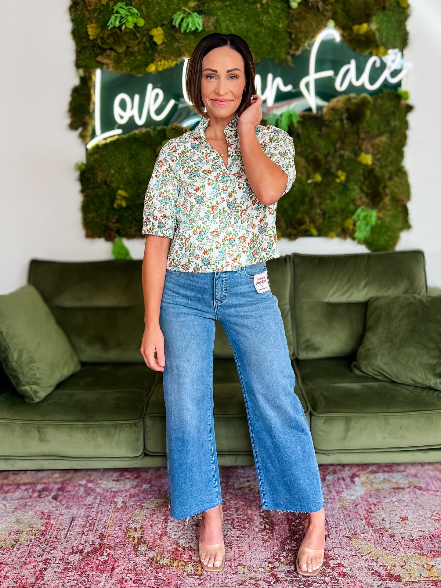 Turquoise Multi Floral Cropped Button Down Top