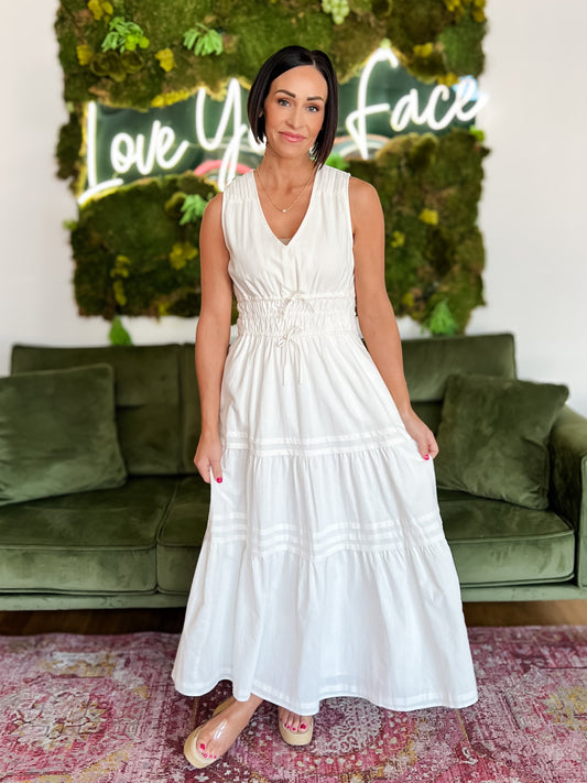 White Sleeveless V Neck Midi Dress