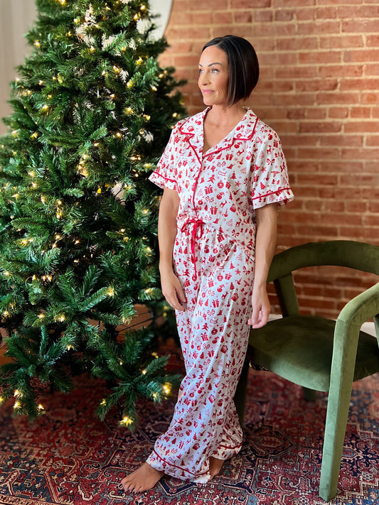 Red Christmas Print Satin Pajama Set