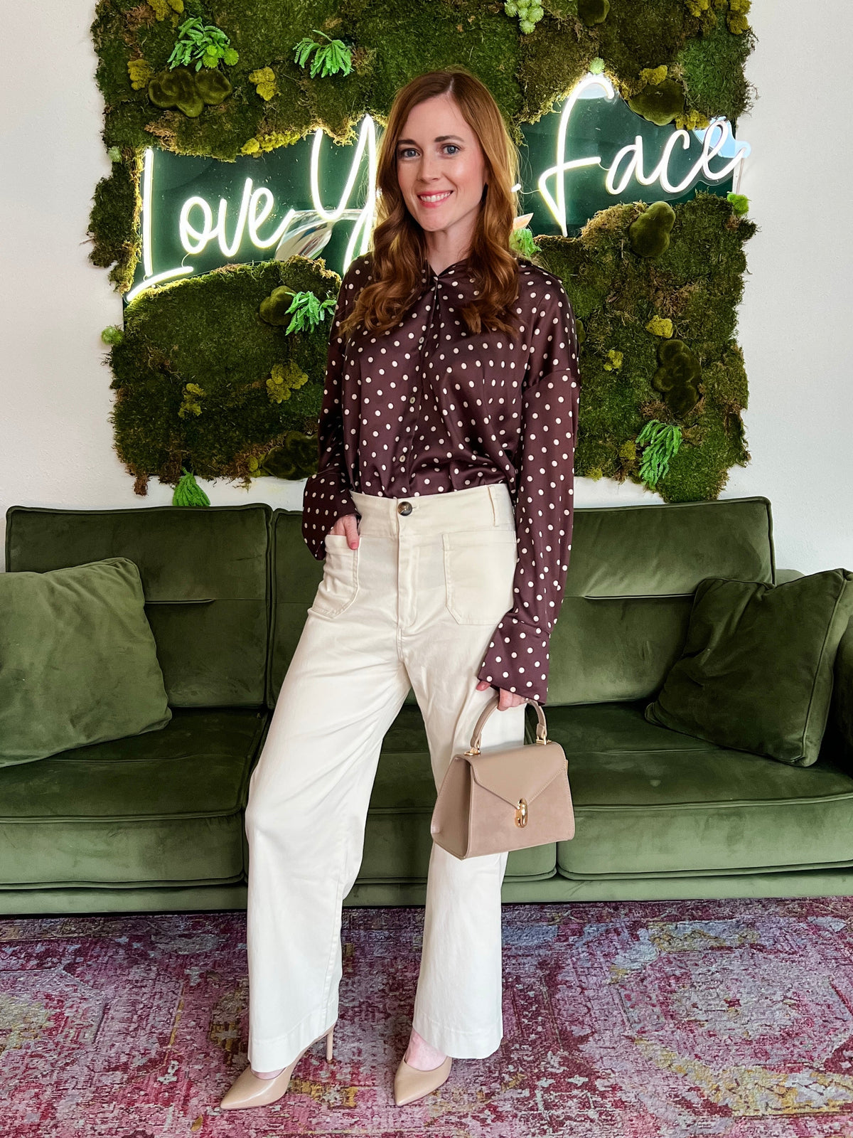 Brown Polka Dot Satin Long Sleeve Blouse