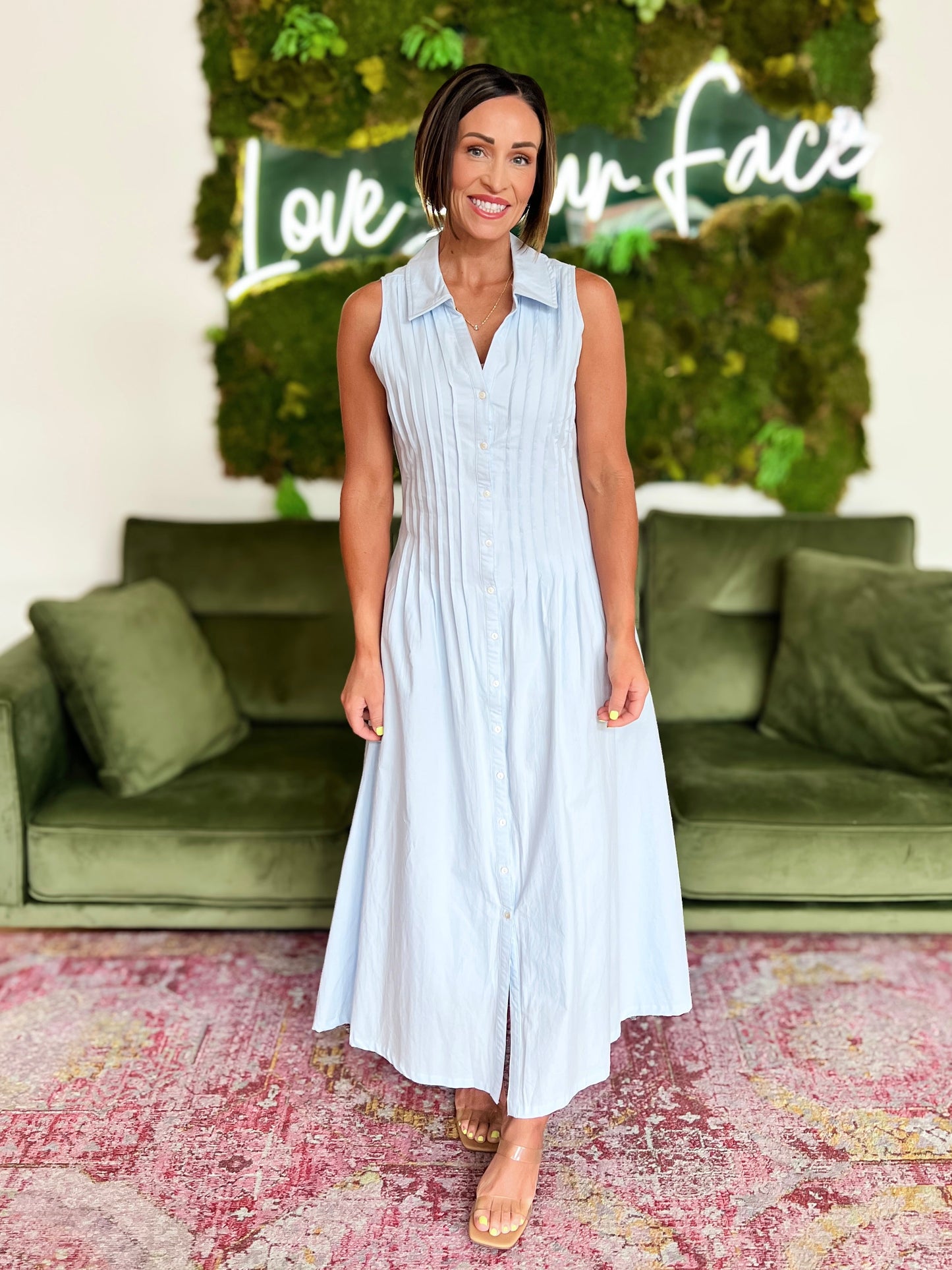 Light Blue Pintuck Sleeveless Maxi Dress