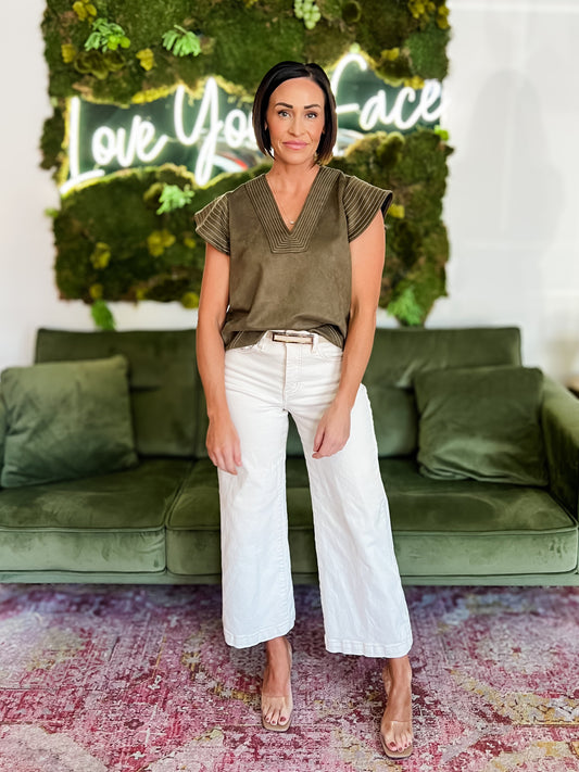 Olive Suede Flutter Sleeve V-Neck Top