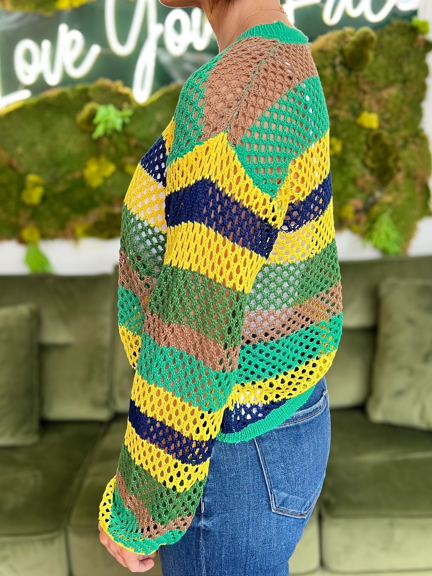 Green Multi Striped Fishnet Sweater