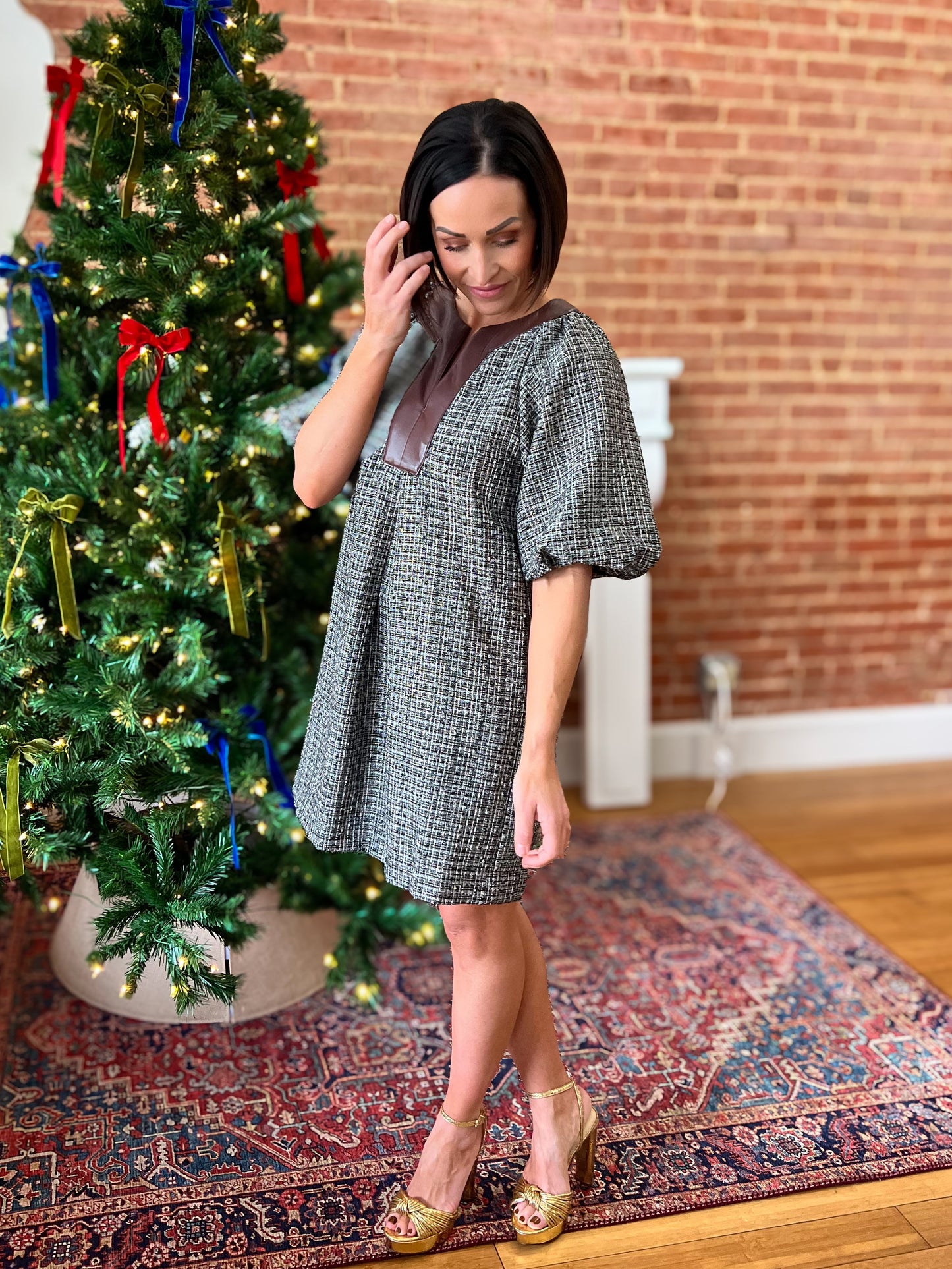 Black Tweed Split Neck Puff Sleeve Dress