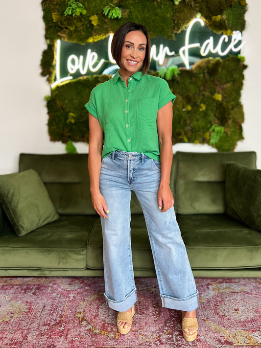 Green Rolled Sleeve Button Down Top